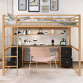 Full Size Metal Loft Bed With Desk, Drawers And Bedside Tray, Charging Station, Usb And Socket Full Gold Black Mdf Metal