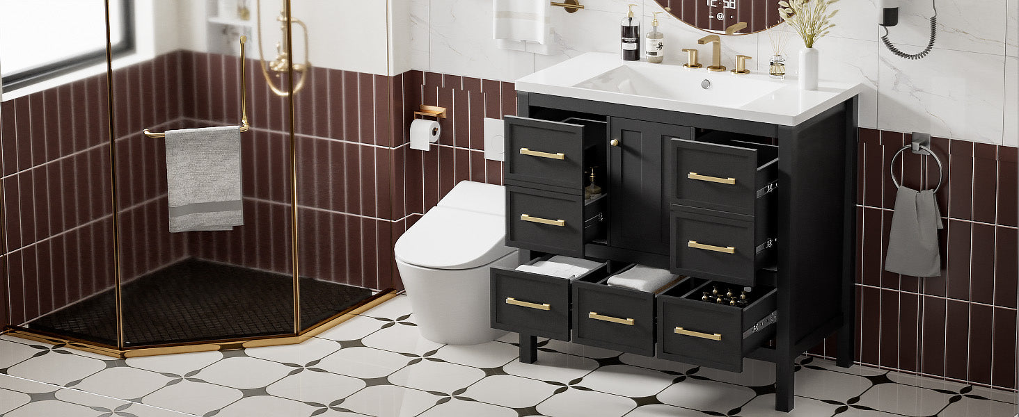 36'' Bathroom Vanity With Resin Sink Combo, Solid Wood Frame Bathroom Storage Cabinet, Freestanding Vanity Set With 5 Drawers& Soft Closing Doors Same As N710S136002B Black Bathroom Solid Wood Mdf Resin