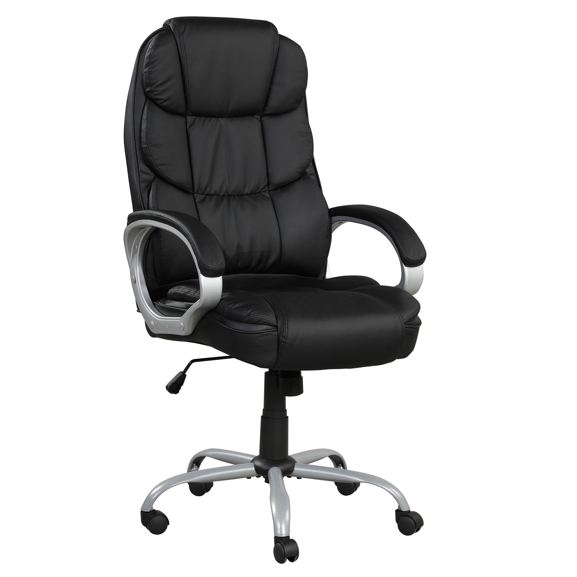 Pu Leather Upholstered Office Task Chair, Modern Adjustable 360 Degree Swivel Chair, High Back, Black Silver Caster Solid Black Office Rectangular Contemporary,Modern Office Chairs Solid Back Pu Leather Adjustable Height Plywood