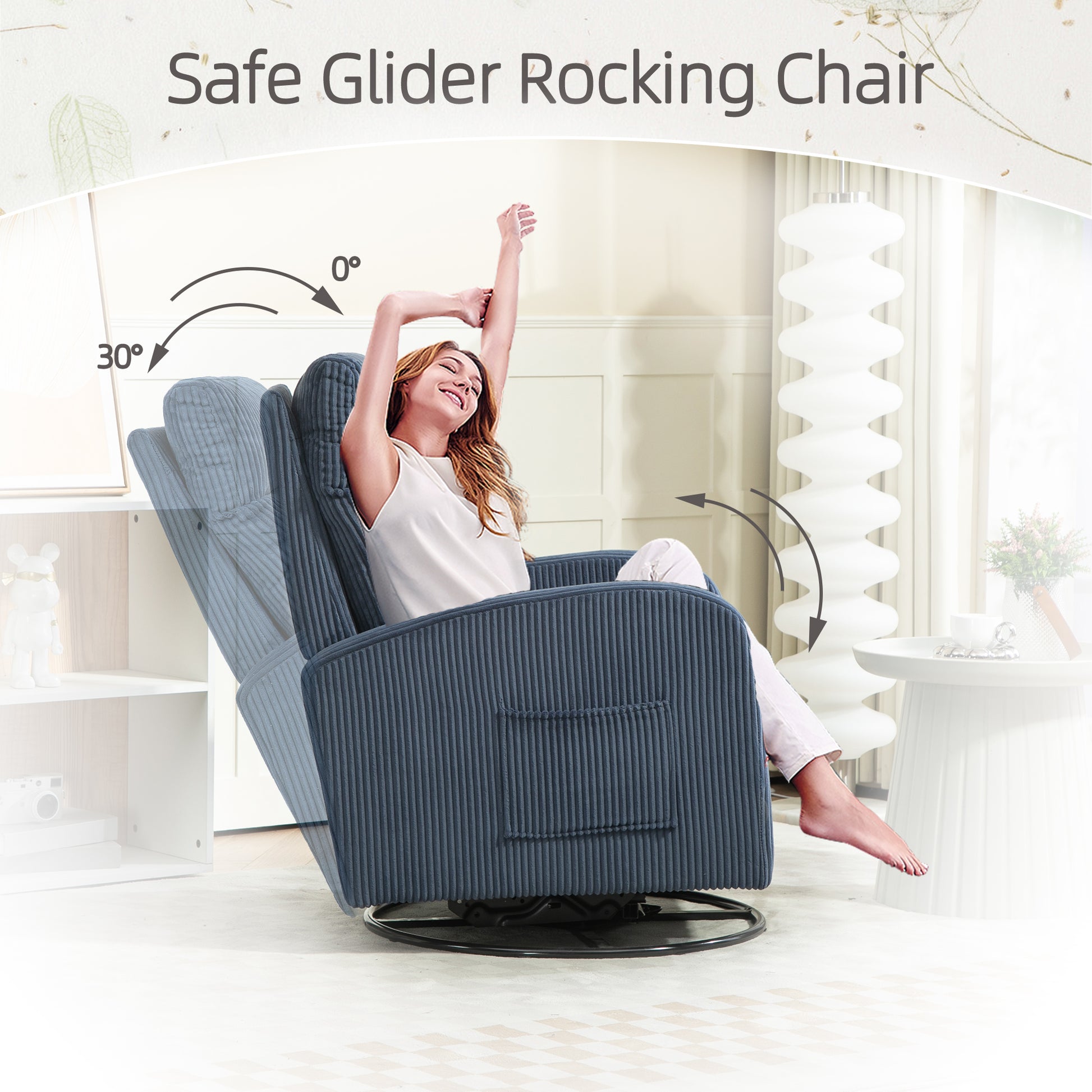 Jiada Upholstered Swivel Glider.Flannel Fabric.Rocking Chair For Nursery In Navy Blue.Modern Style One Left Bag Navy Blue Primary Living Space Foam Corduroy