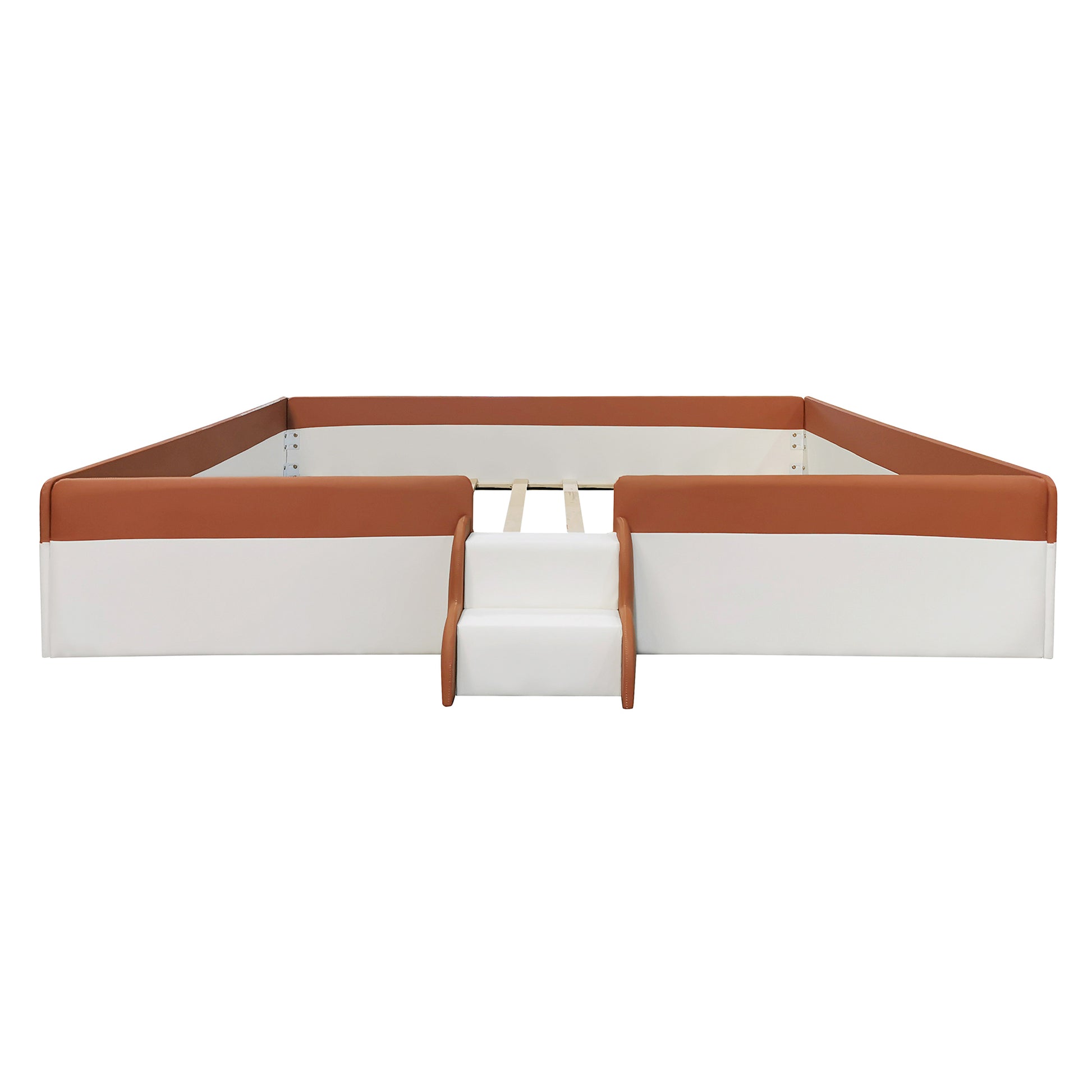King Size Upholstered Daybed Frame With Fence And Stairs, Brown White King Brown White Mdf Lvl
