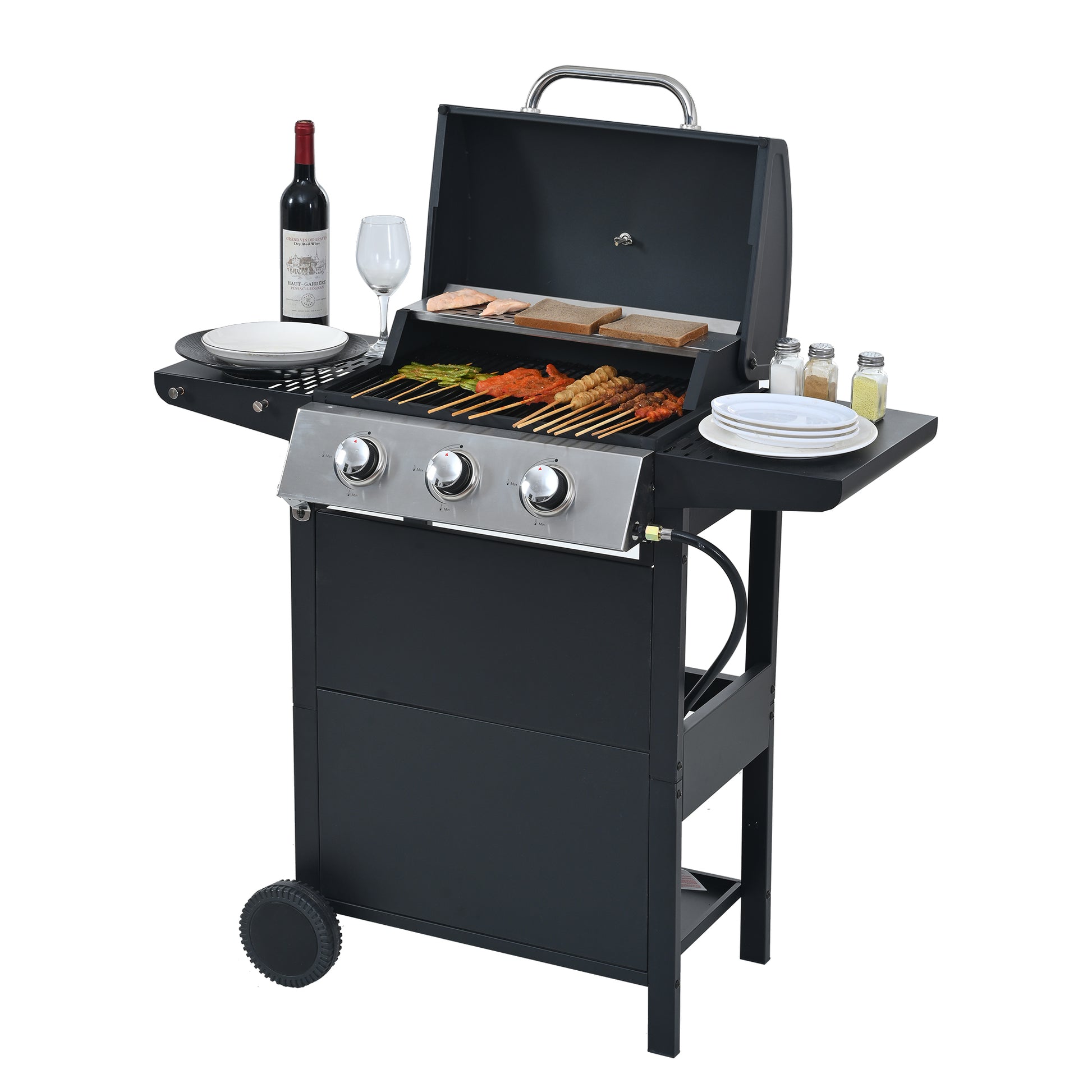 Propane Gas Grill 4 Burner Barbecue Grill, Stainless Steel 34,000 Btu Patio Garden Barbecue Grill With Two Shelves, Lid, Wheels And Bottle Opener Black Iron