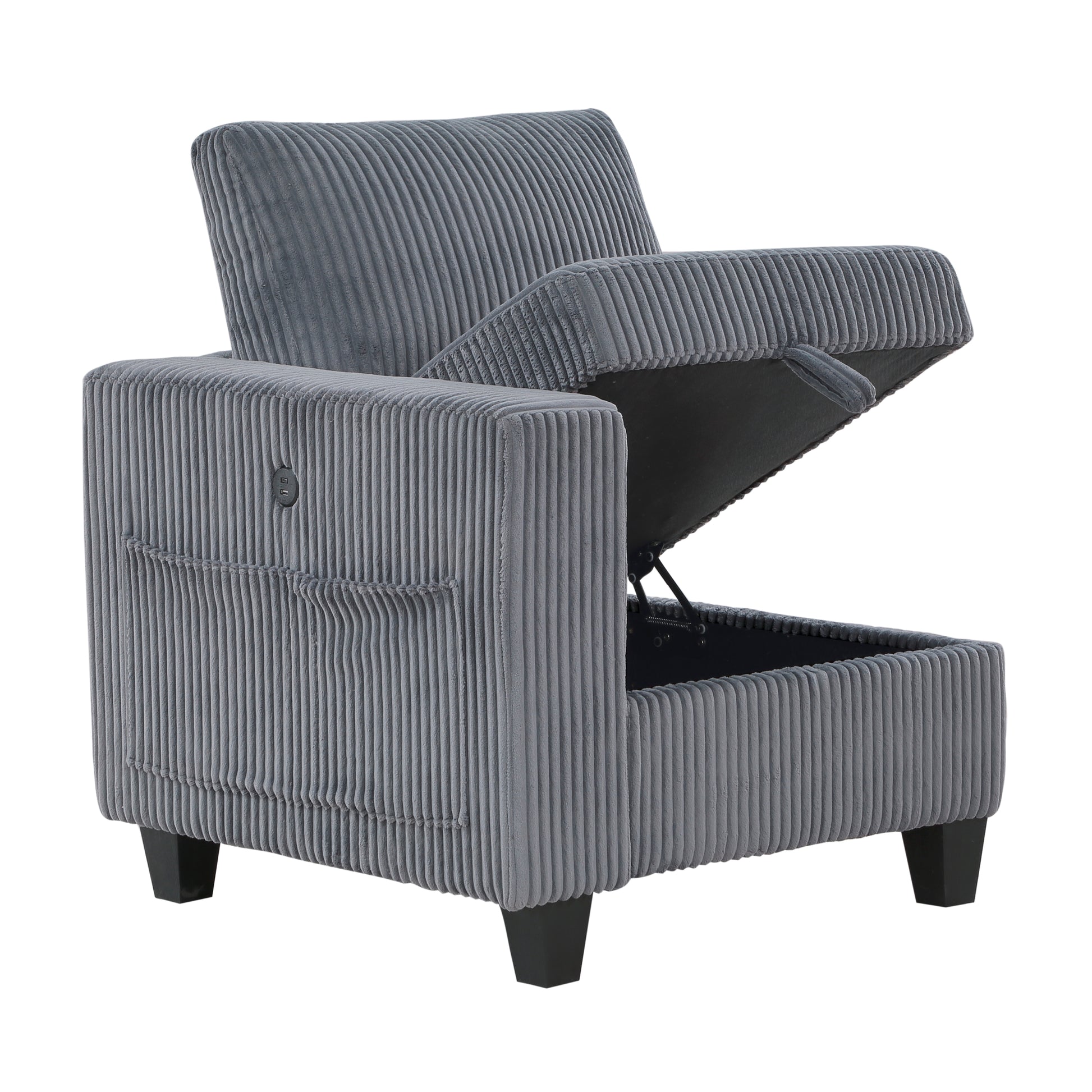 Modern Living Room Furniture 1Pc Dark Gray Chair With One Arm, Storage Pouch And Charging Ports Corduroy Fabric Upholstery Dark Gray Primary Living Space Contemporary,Modern Solid Wood