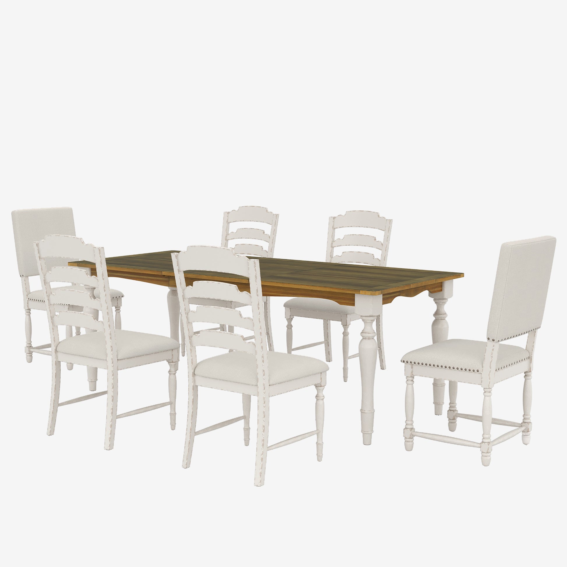Vintage Traditional 7 Piece 82.7Inch Extendable Dining Table Set With 23.6Inch Removable Leaf, 4 Serrated Back Chairs And 2 Upholstered Back Dining Chairs For 6, Cream Brown Wood Dining Room Distressed Finish Rubberwood Rectangular Dining Table With