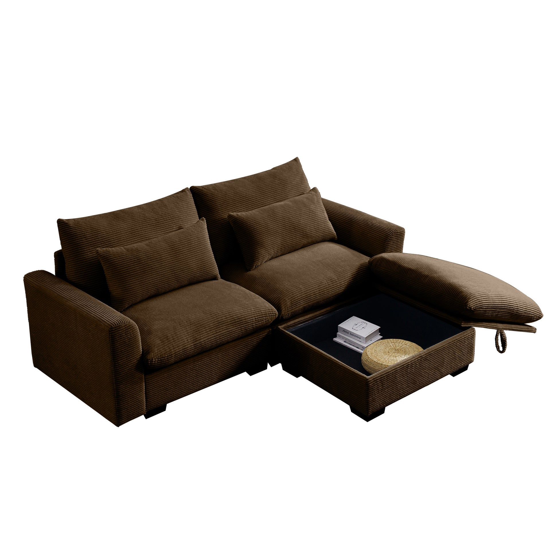 Sectional Sofa Comfy Corduroy Couch For Living Room With Pillows And Round Armrests, Modern Corduroy Sofa Sleeper Deep Couches With Storage Ottoman Brown, 2 Seat Brown Corduroy 2 Seat