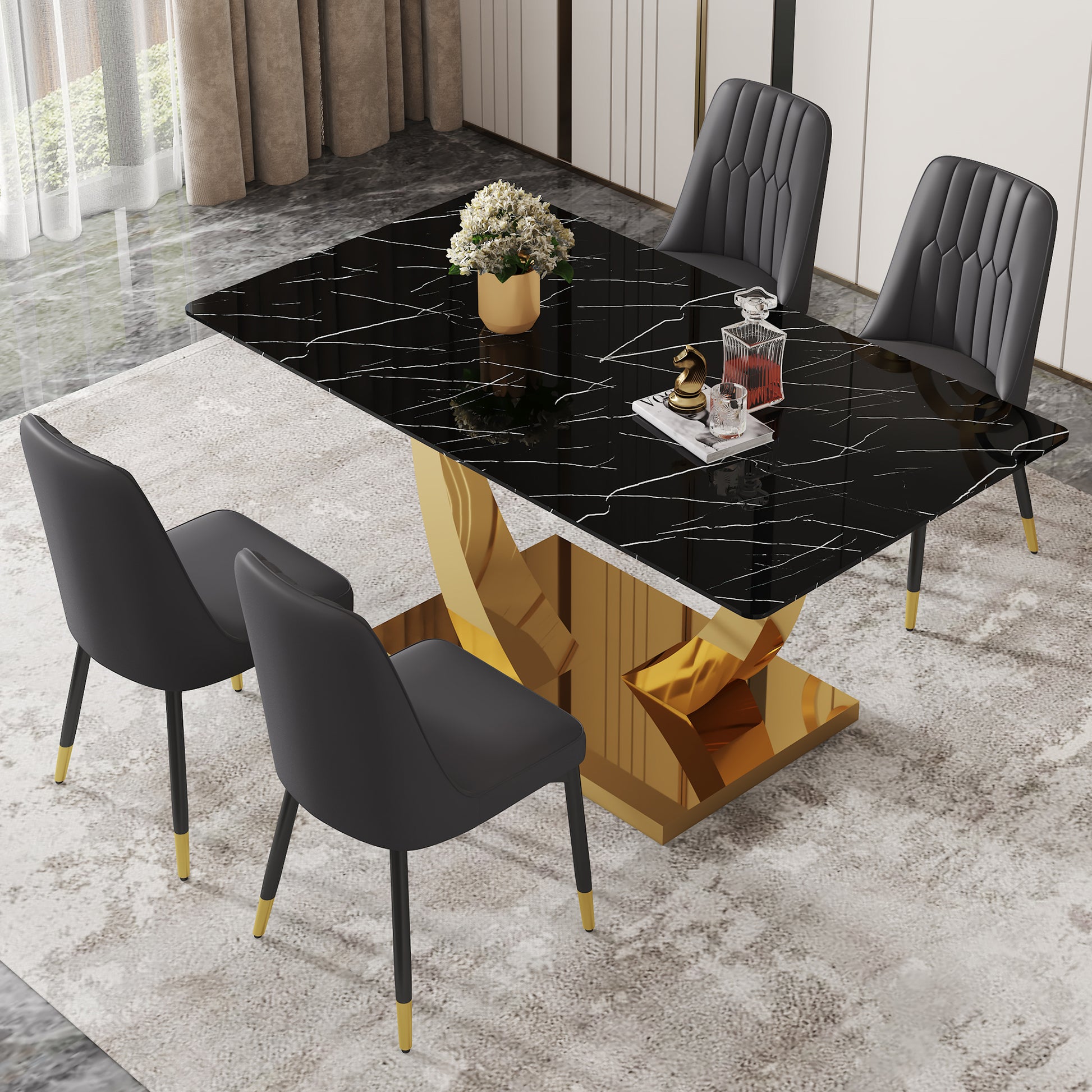 Table And Chair Set.Modern Rectangular Dining Table With Black Textured Stickers Glass Tabletop And Gold Plated Metal Legs.Paried With 4 Comfortable Chairs With Pu Seats And Black Metal Legs. Black Gold Seats 4 Glass Metal