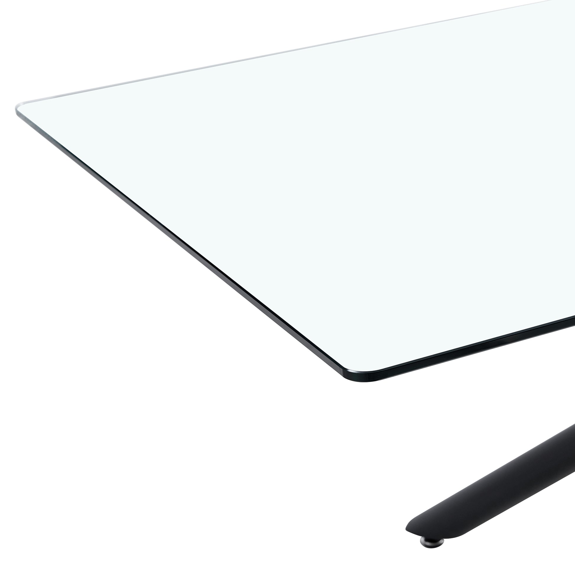 Large Modern Minimalist Rectangular Glass Dining Table For 6 8 With 0.39" Tempered Glass Tabletop And Black Color Metal Legs, For Kitchen Dining Living Meeting Room Banquet Hall Black Glass