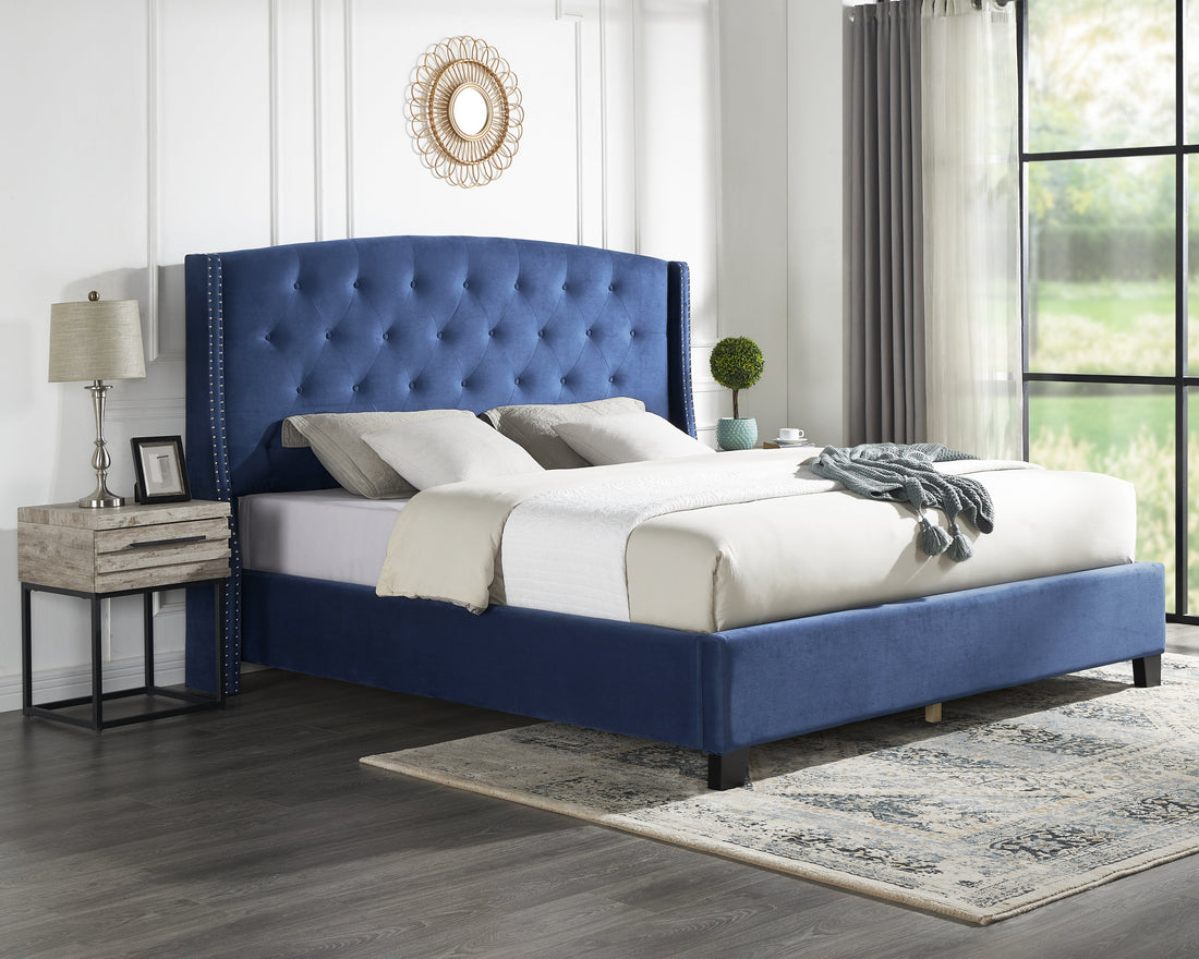 Fentina 3 Piece Upholstered Bedroom Set, Tufted Velvet Wingback Bed With Two Gray Nightstands Box Spring Required Queen Grey Blue Wood 3 Piece Set Bedroom Bed Included,Nightstand Included Contemporary Wood Tufted Polyester Engineered Wood