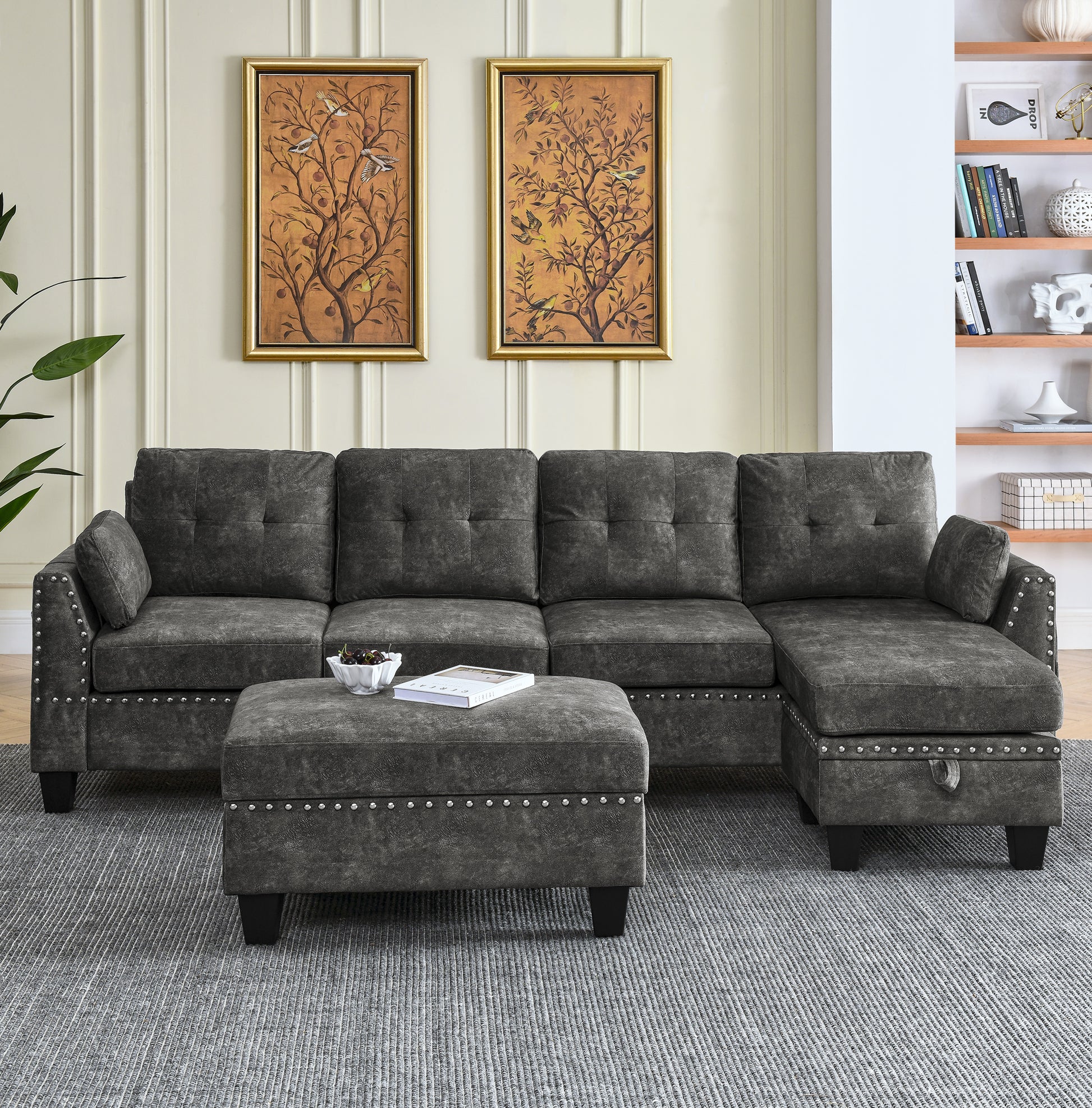 Sectional 3 Seaters Sofa ,Double Sided Multi Functional Footstool, Storage Matnon Slip Leg, Two Pillows, Velvet, Dark Grey Dark Grey Velvet 3 Seat