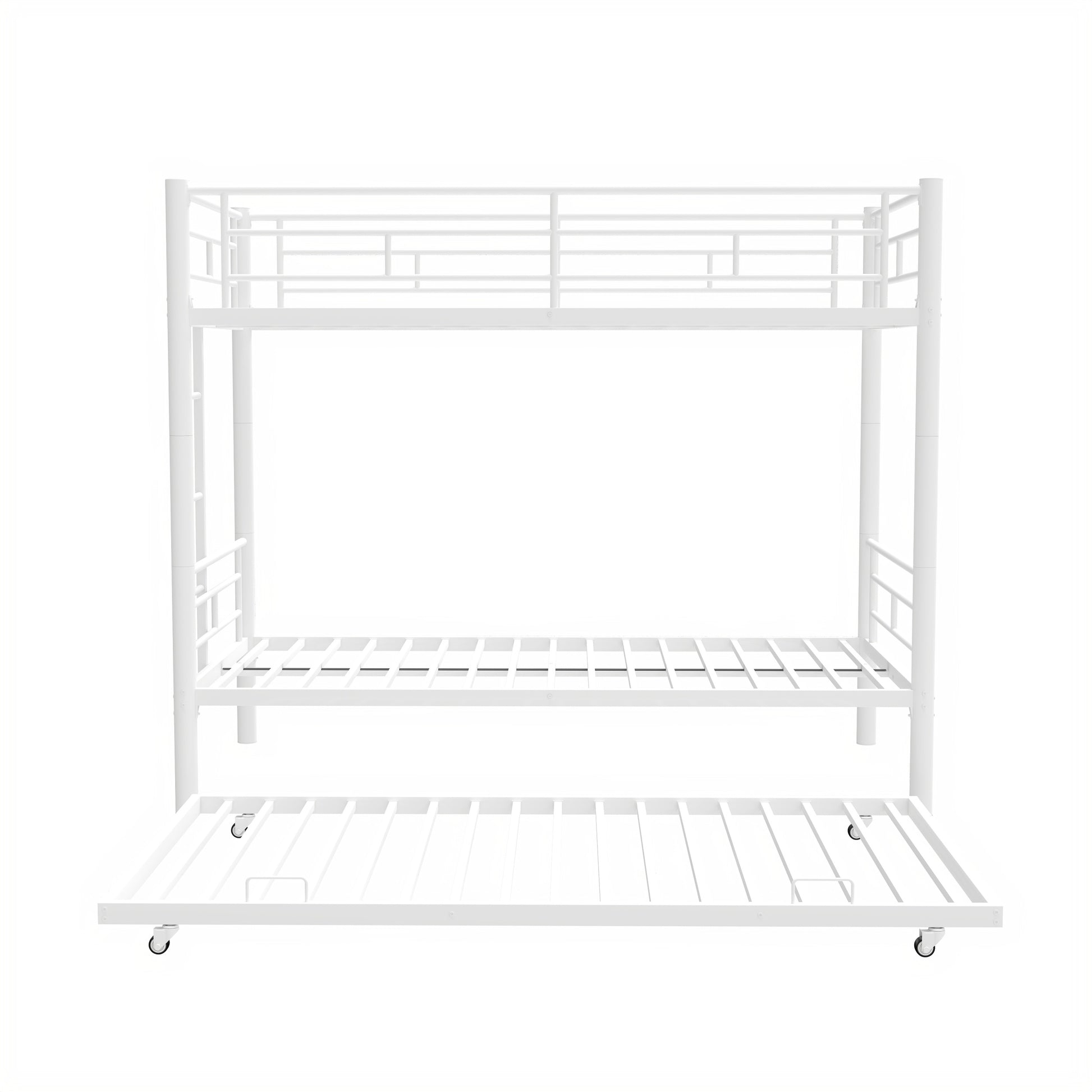 Heavy Duty Sturdy Meta Twin Over Twin With Trundle Bunk Bed L Noise Reduced Safety Guardrail No Box Spring Needed,White Box Spring Not Required Twin White Metal