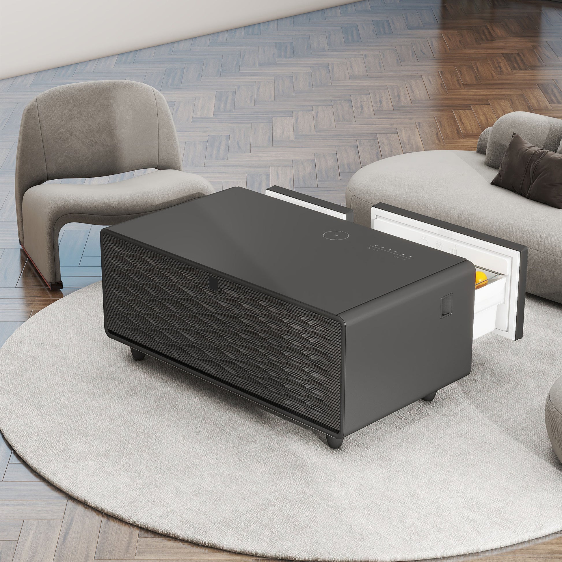 Modern Smart Coffee Table With Built In Fridge, Bluetooth Speaker, Wireless Charging, Touch Control Panel, Usb Interface, Outlet Protection, Atmosphere Light, Black Black Built In Outlets Or Usb Primary Living Space Luxury,Modern Freestanding Rectangular