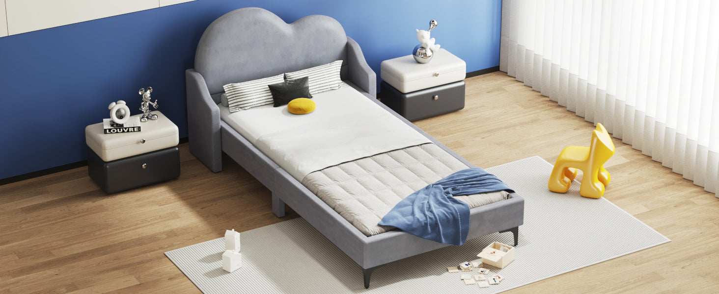 Twin Size Upholstered Platform Bed With Cloud Shaped Headboard, Gray Box Spring Not Required Twin Gray Bedroom Polyester Upholstered