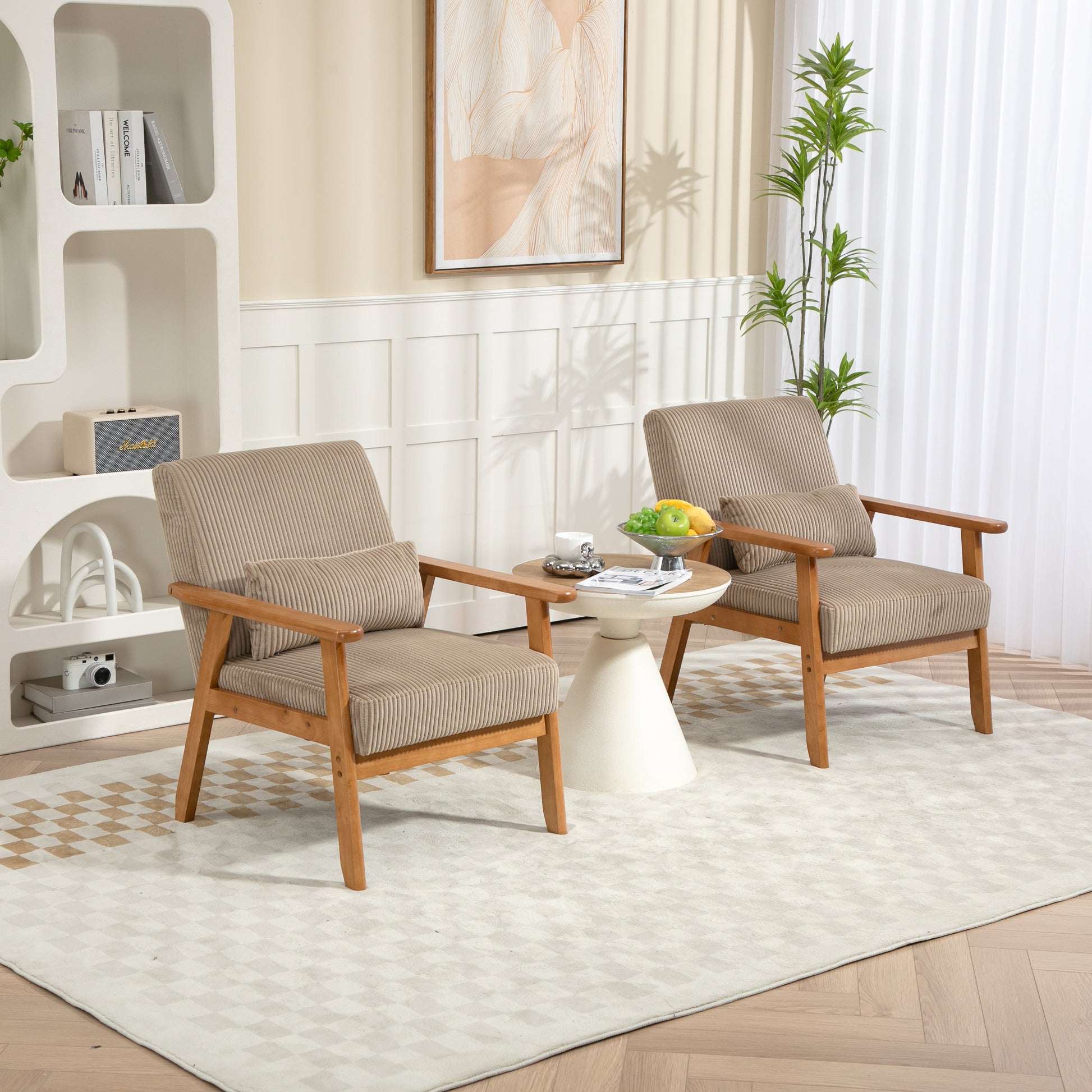 Leisure Chair With Solid Wood Armrest And Feet, Leisure Chair, Wood Frame, Velvet, Solid Rubber Wood Legs, Mid Century Modern Accent Chair, For Living Room Bedroom Studio Chair,Two Packs Camel Corduroy