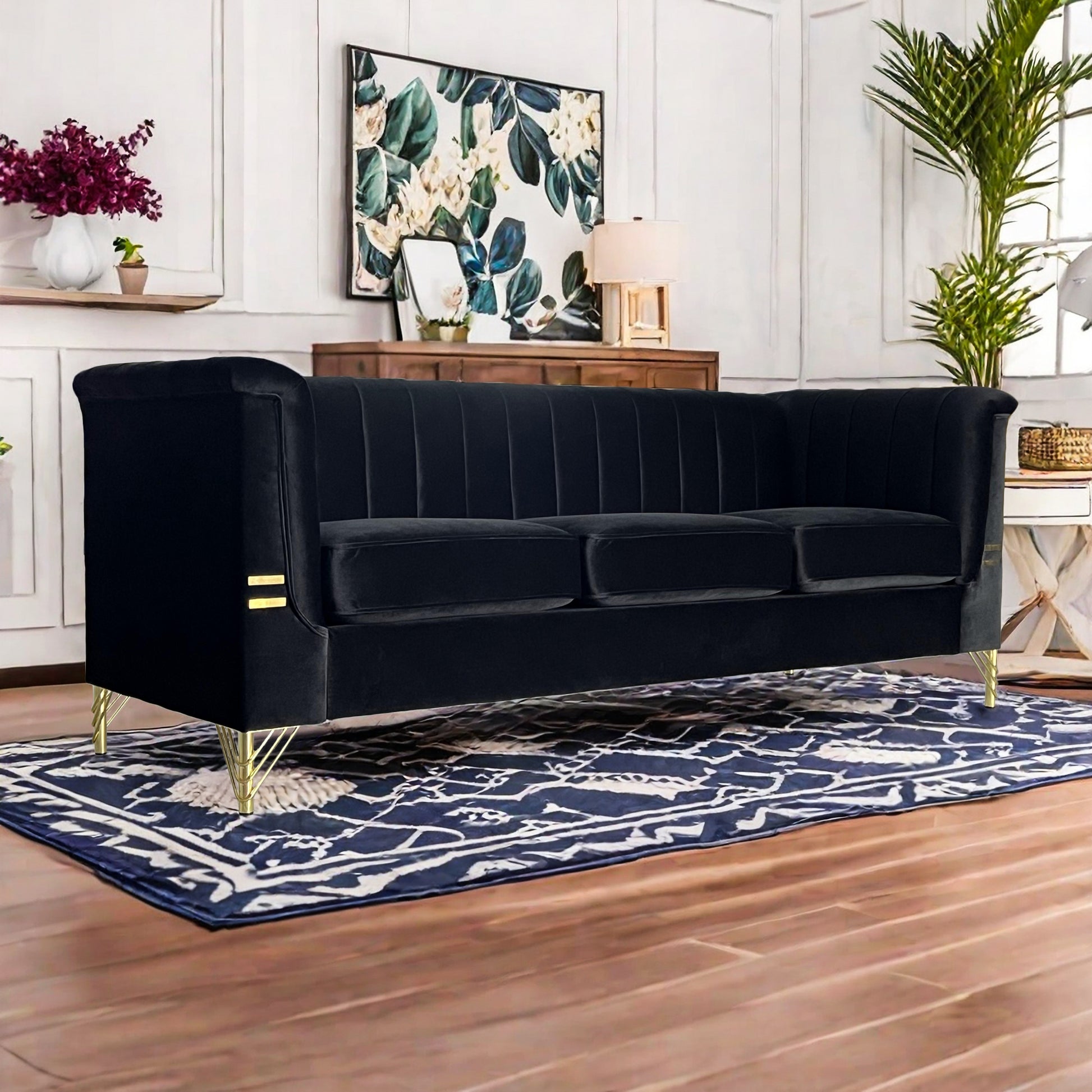 Fx P82 Bk Sofa Modern Sofa Couches For Living Room, 82.67Inches Velvet Velvet Tight Back Chesterfield Design Couch Upholstered Sofa With Metal Legs Decor Furniture For Bedroom Black Velvet 3 Seat