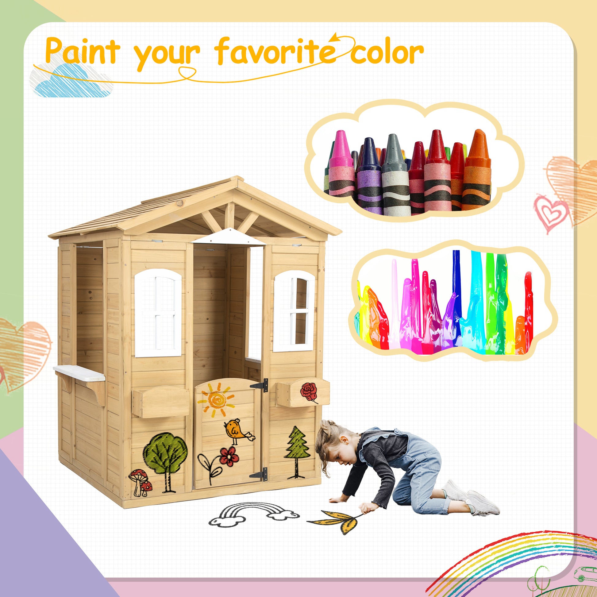 Wooden Playhouse For Kids Outdoor With Working Door, Windows, Mailbox, Bench, Flowers Pot Holder, 39" X 38" X 55.5" Natural Solid Wood