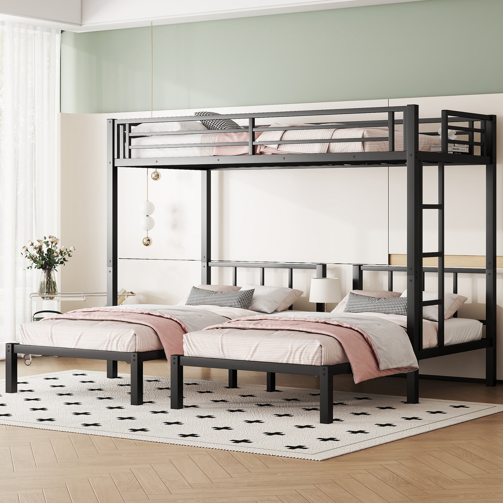Twin Over Twin & Twin Bunk Beds For 3, Twin Xl Over Twin & Twin Bunk Bed Metal Triple Bunk Bed, Black Black Metal