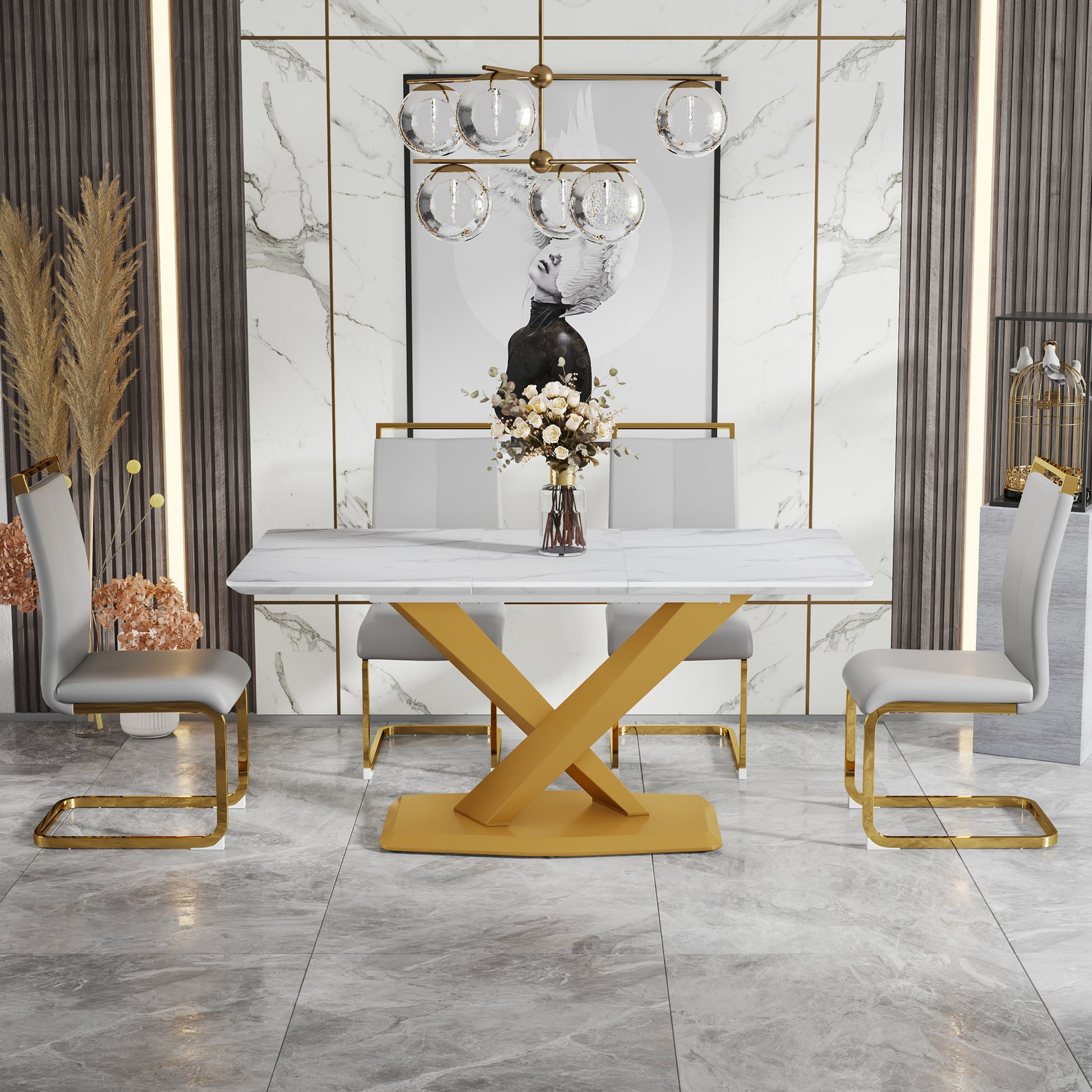 Table And Chair Set, The Table Is Equipped With A Marble Patterned Mdf Tabletop And Gold Table Legs.The Chair Is Equipped With Pu Synthetic Leather High Back Cushion And Gold Coated Metal Legs. Grey Gold Seats 4 Mdf Metal