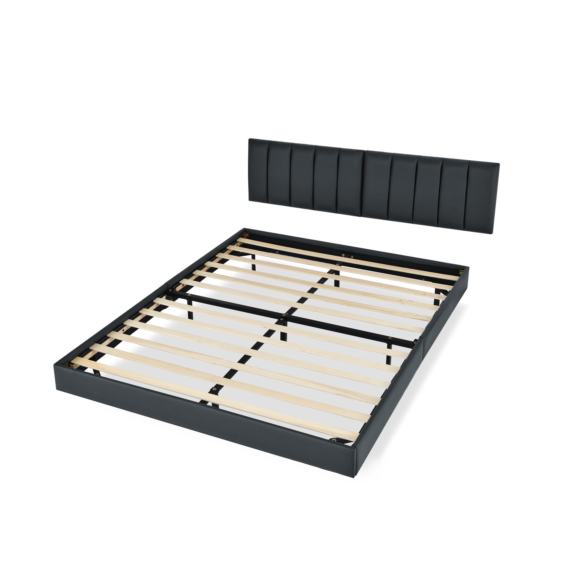 Queen Floating Bed Frame With Wall Mounted Headboard Modern Low Profile Platform Bed Frame Queen Size Faux Leather Upholstered Platform Bed Frame,No Box Spring Needed,Black Queen Black Pu