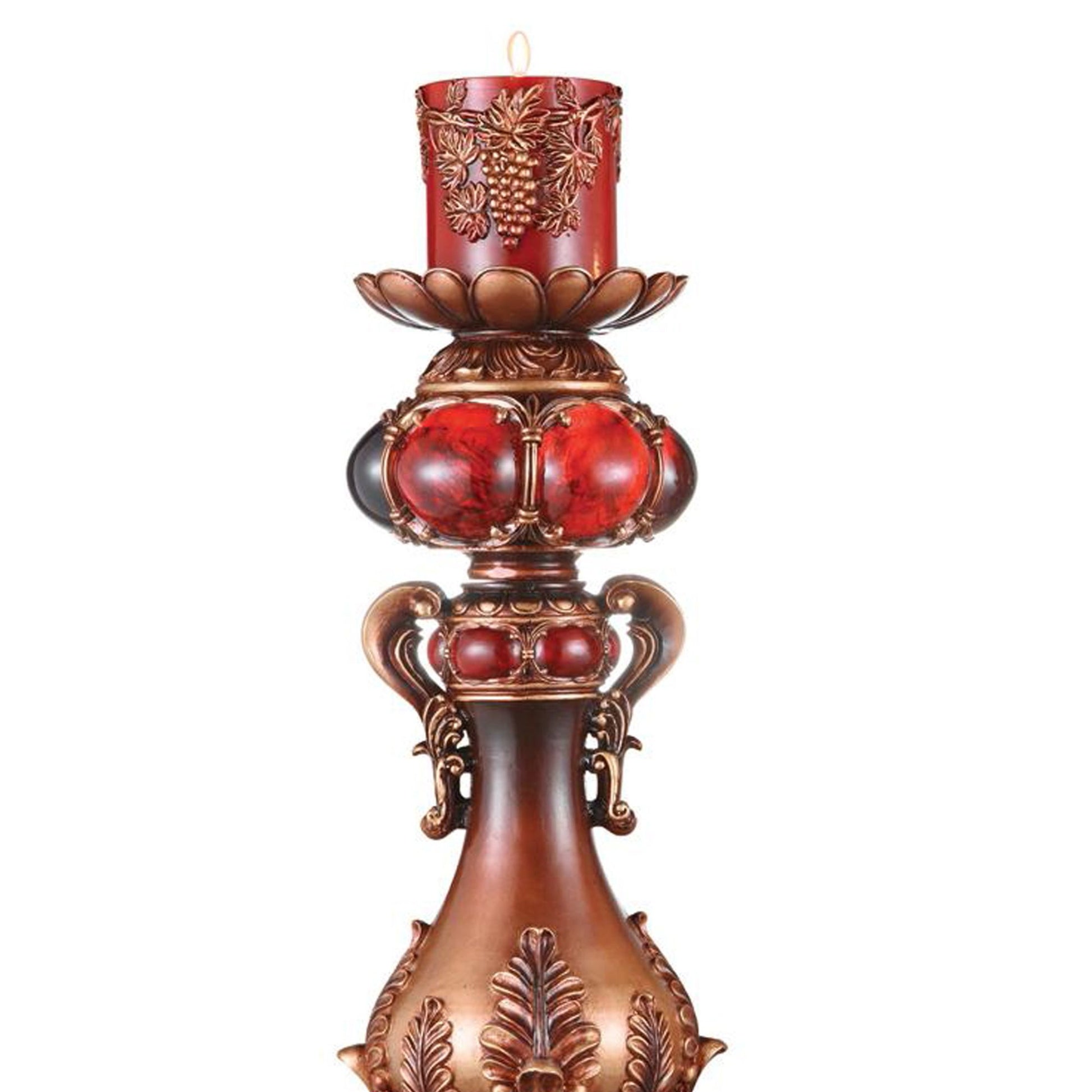 20" Tall Polyresin Candleholder, Red And Brown Finish Multicolor Polyresin