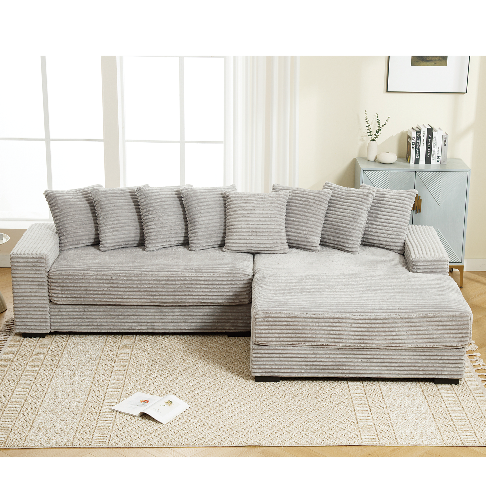 Arrived Oversized Two Piece Couches, L Shaped Sofa, Corduroy, Right Chaise Daybed,With Armrests,Eight Throw Pillows,Corner Sofa,Easy To Assemble, Gray Gray Polyester Wood Primary Living Space Medium Soft Pillow Back Modern Square Arms Wood 3 Seat