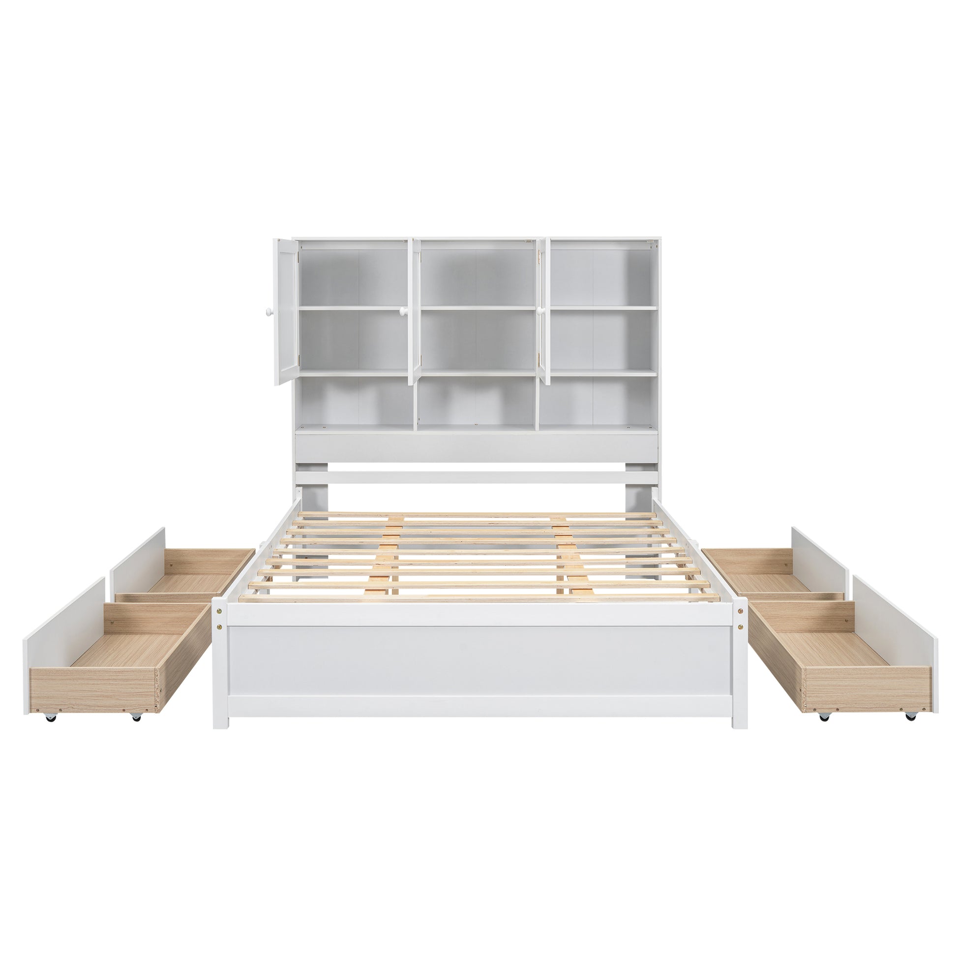 Queen Size Platform Bed With Storage Headboard And 4 Drawers, White Box Spring Not Required Queen White Wood Bedroom Bed Frame Solid Wood Mdf