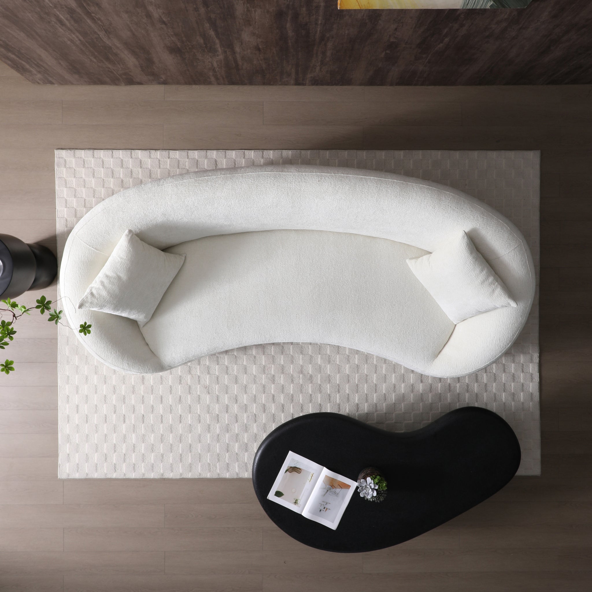 Minimalist Curved Sofa, 3 Seater, Chenille Velvet Fabric Upholstered Sofa, Tight Curved Back Velvet Cloud Couch For Living Room Apartment Office, White White Chenille Wood Primary Living Space Medium Soft Tight Back Modern Eucalyptus Recessed Arms Foam