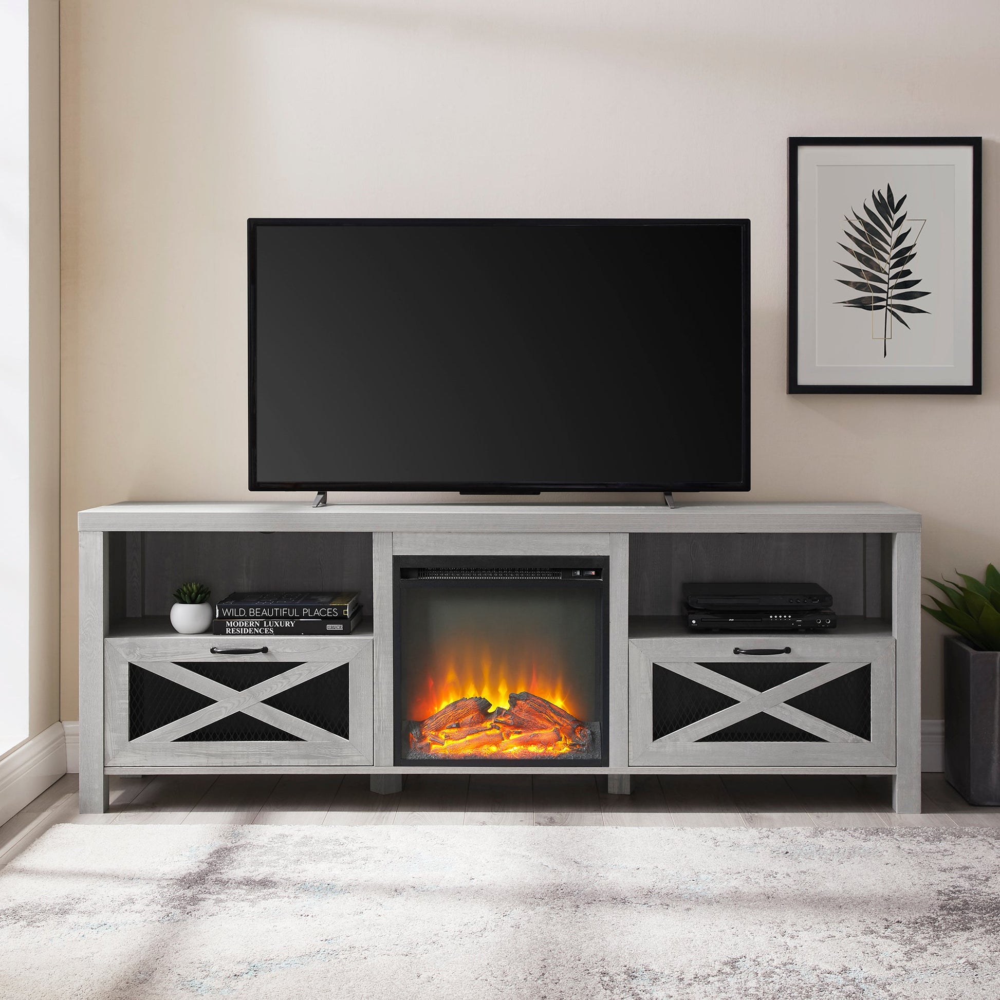 Industrial Farmhouse Metal Mesh Drop Down X Door 70" Fireplace Tv Stand For 80" Tvs Stone Grey Stone Gray Mdf