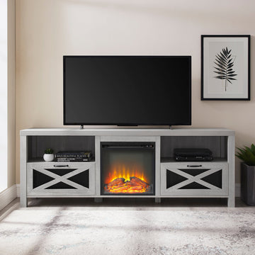 Industrial Farmhouse Metal Mesh Drop Down X Door 70" Fireplace Tv Stand For 80" Tvs Stone Grey Stone Gray Mdf