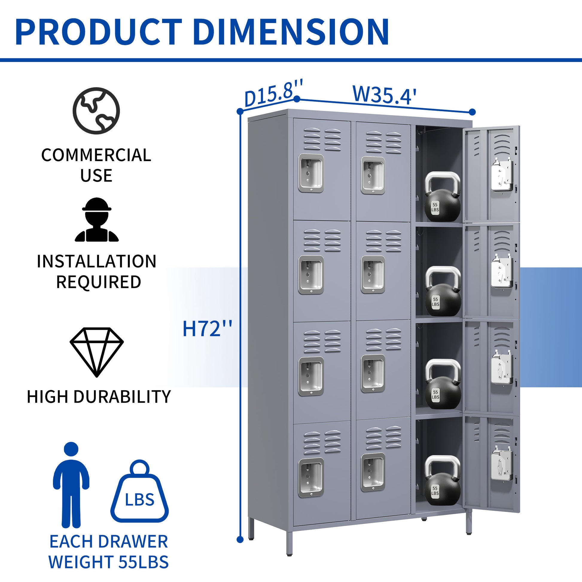 12 Door 72"H Metal Lockers With Lock For Employees,Storage Locker Cabinet For Home Gym Office School Garage,Gray 5 Or More Spaces Gray Primary Living Space Door Locks Modern Metal