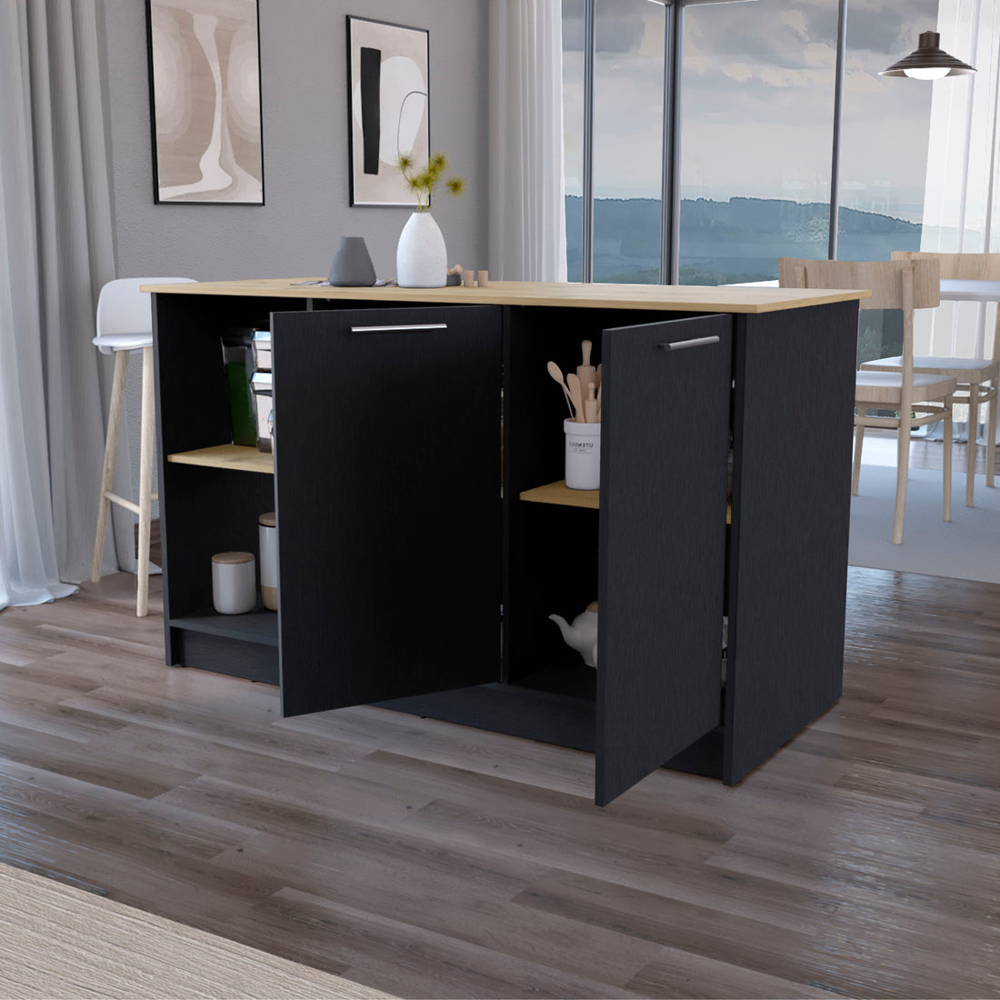Mercury Kitchen Island With Spacious Countertop, Double Door Cabinets, And 2 Open Storage Shelves Multi Kitchen Modern Rectangular Stationary Kitchen Islands Melamine Particle Board Large 56 In