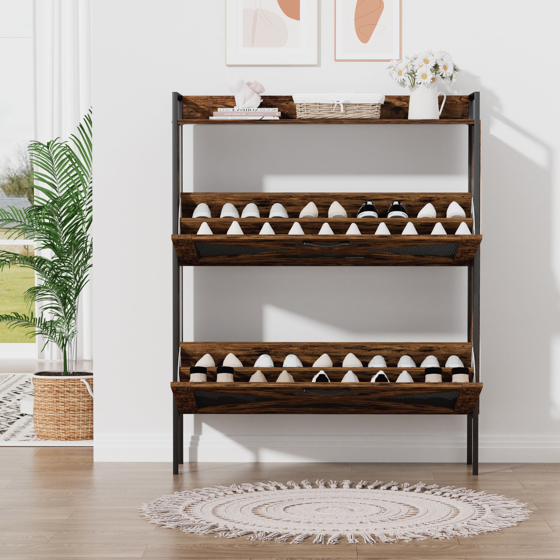 A Shoe Cabinet With 2 Flip Top Drawers, An Entryway Shoe Cabinet, A Narrow Standalone Shoe Rack Cabinet With Metal Legs, Rustic Brown,31.5'' W X 8.5'' D X 39.5'' H. Rustic Brown Particle Board