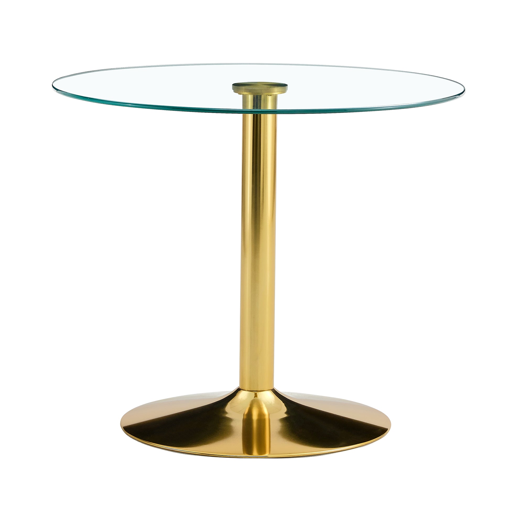 A 35 Inch Diameter Glass Top And A Modern, Minimalist Round Dining Table With Gold Metal Legs. Ideal For Dining Rooms, Living Rooms And Meeting Rooms. Model: Dt 1166 Gold Glass Metal