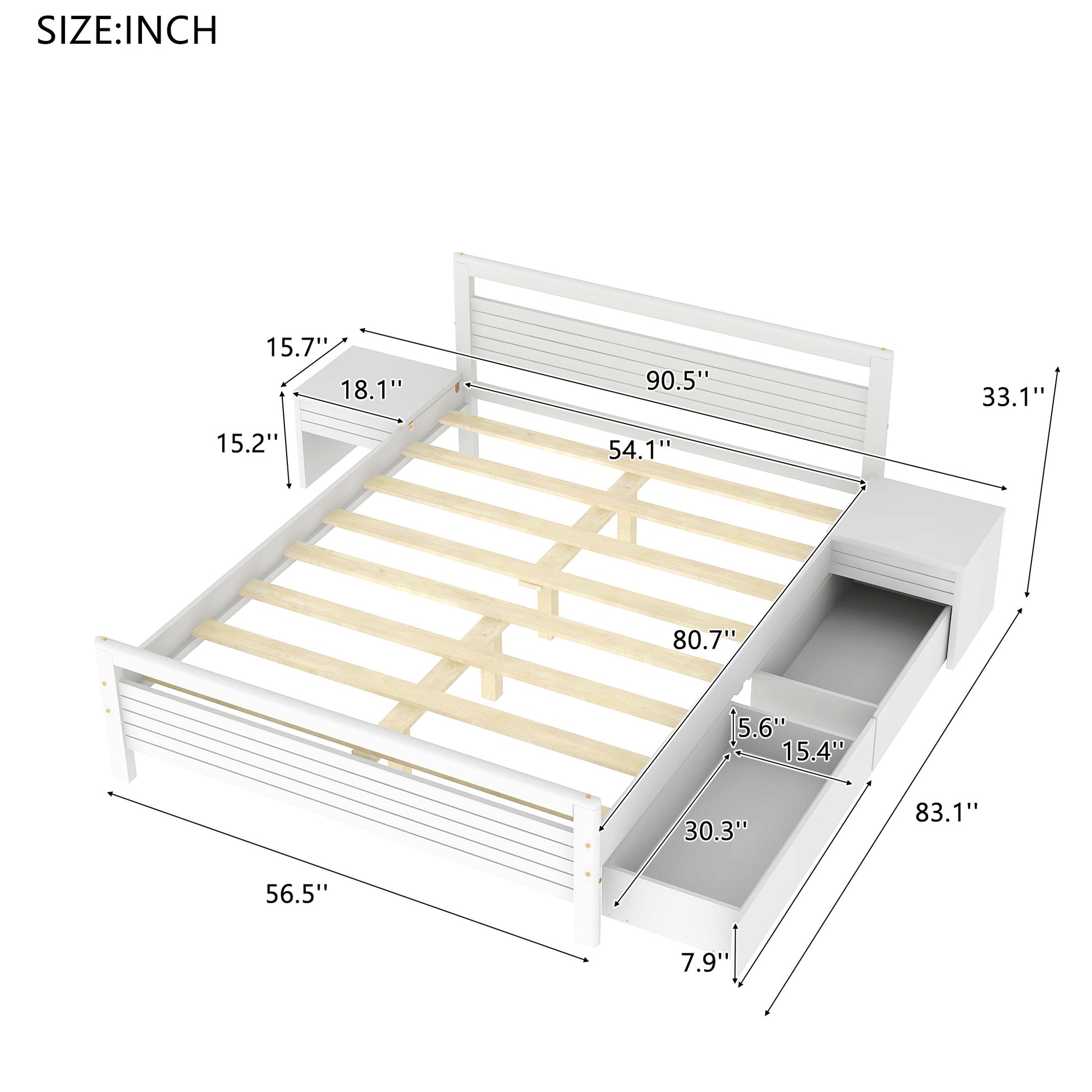 Full Size Wooden Platform Bed With 2 Storage Drawers And 2 Bedside Tables, White Full White Pine