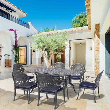 Cushions In Random Colors 7 Piece Set Of Cast Aluminum Patio Furniture With Cushions Yes Dining Set Black Seats 6 Rust Resistant Frame Water Resistant Cushion Garden & Outdoor Complete Patio Sets Aluminium