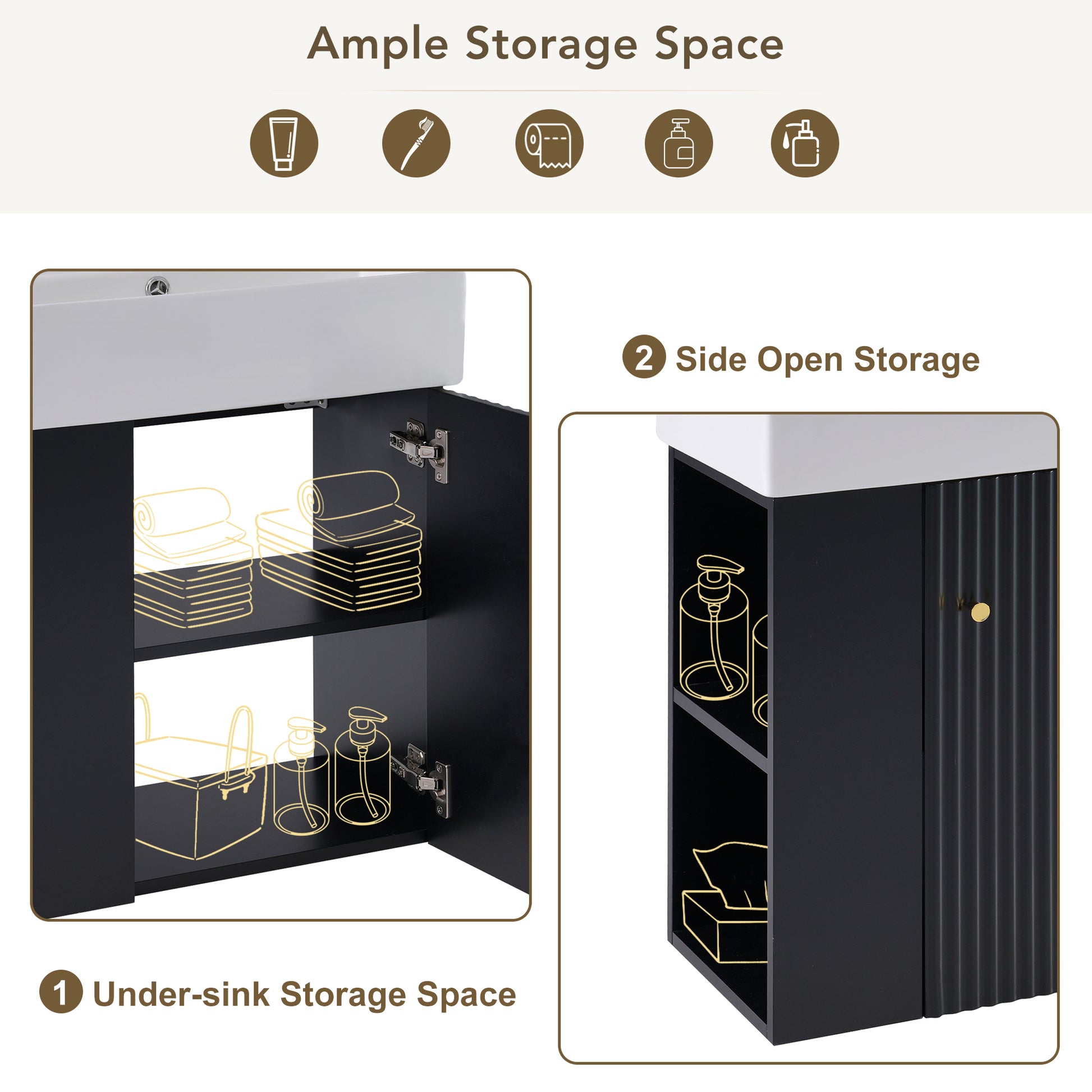 Video 21.6 Inch Modern Floating Bathroom Vanity With Ceramic Basin Perfect For Small Bathrooms, Left Side Storage Black Bathroom Ceramic Mdf