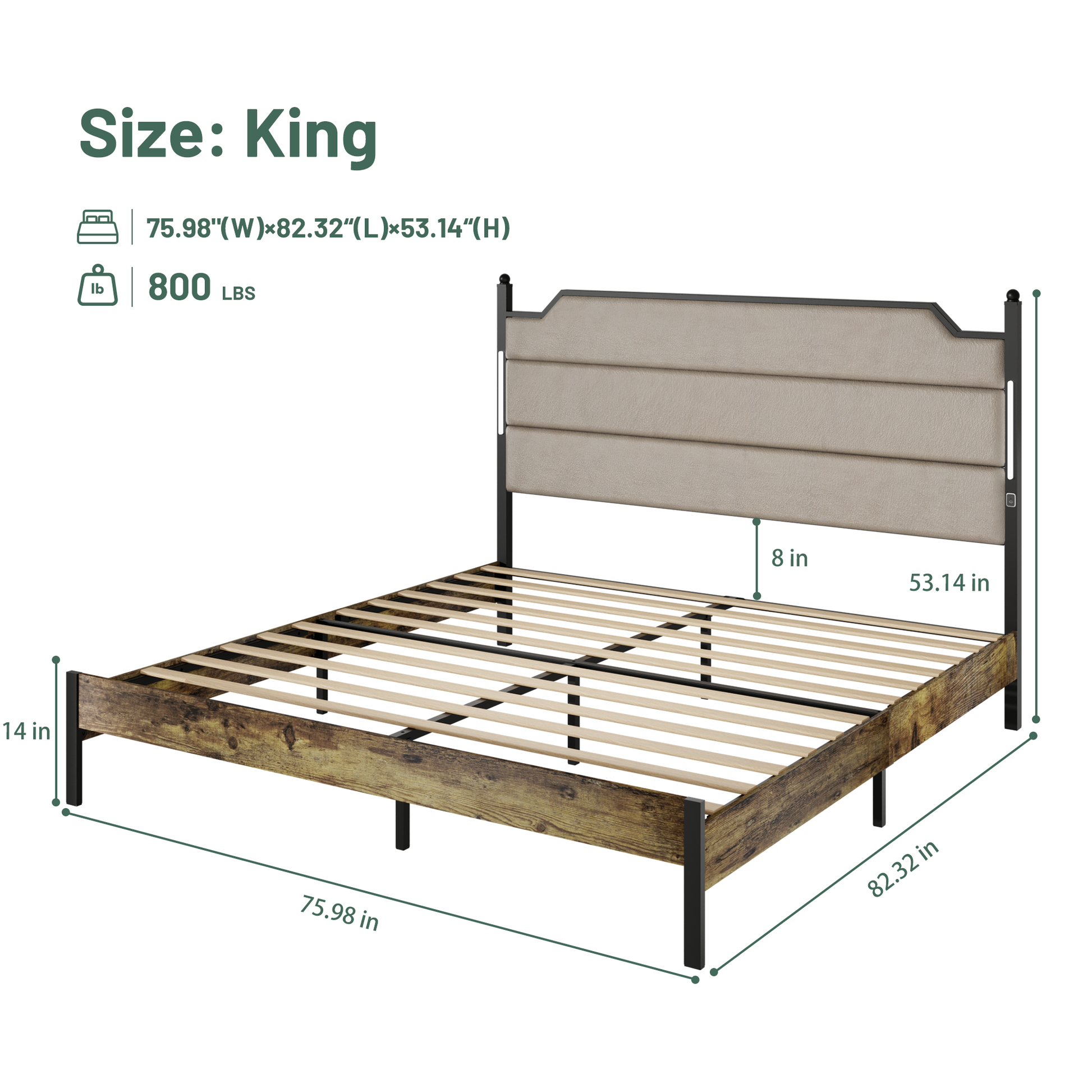 King Size Bed Frame With Upholstered Headboardqueen Bed Frame With Charging Station And Led Lights, Wood Slats, Easy Assembly,No Box Spring Needed,Industrial Brown Box Spring Not Required King Brown Metal Bedroom Bed Frame Mdf Metal