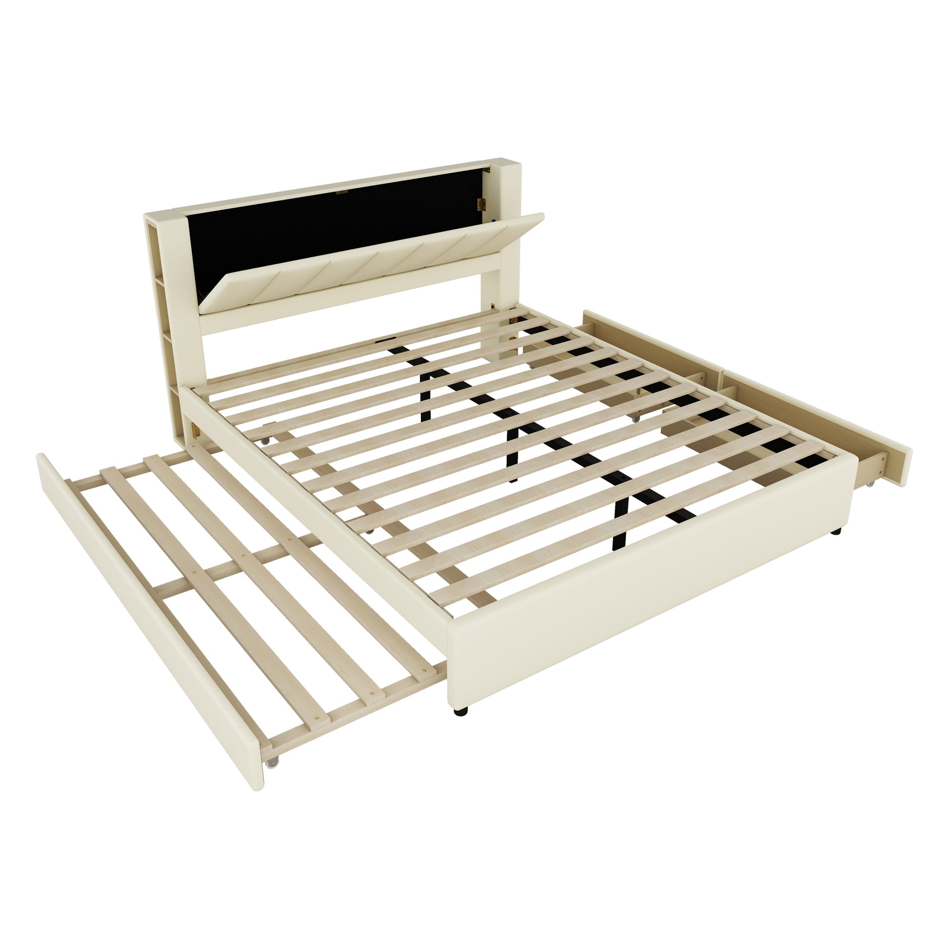 King Size Upholstery Platform Bed With Storage Headboard, 2 Drawers And Trundle,Beige King Beige Upholstered