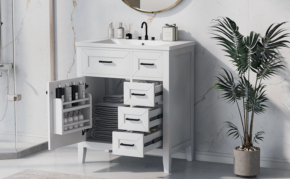 30" Bathroom Vanity With Sink Combo, White Bathroom Cabinet With Drawers, Solid Frame And Mdf Board Old Sku:N725S999222K White Solid Wood Mdf