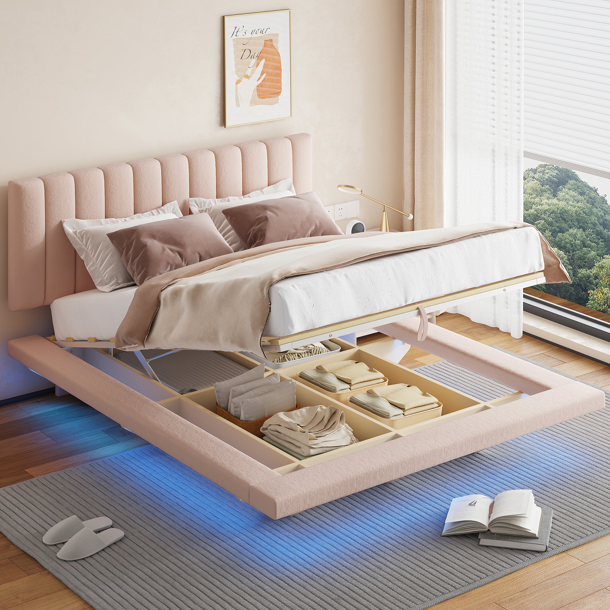 Queen Size Upholstered Floating Bed With Led Light And Usb Port, Velvet, Pink, Hydrualic Platform Bed Queen Pink Velvet