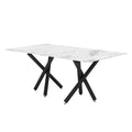 1 Table And 8 Chairs. A Rectangular Dining Table With A White Imitation Marble Tabletop And Black Metal Legs. Paired With 8 Chairs, Equipped With Pu Leather Seat Cushions And Black Metal Legs. F 1538 Black Glass Metal