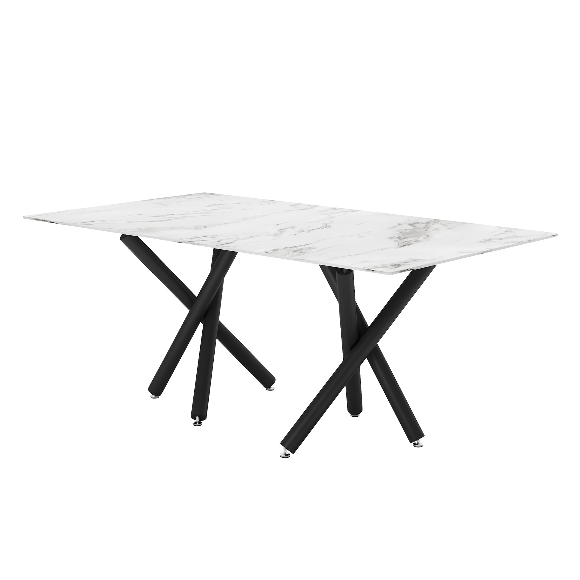 1 Table And 8 Chairs. A Rectangular Dining Table With A White Imitation Marble Tabletop And Black Metal Legs. Paired With 8 Chairs, Equipped With Pu Leather Seat Cushions And Black Metal Legs. F 1538 Black Glass Metal