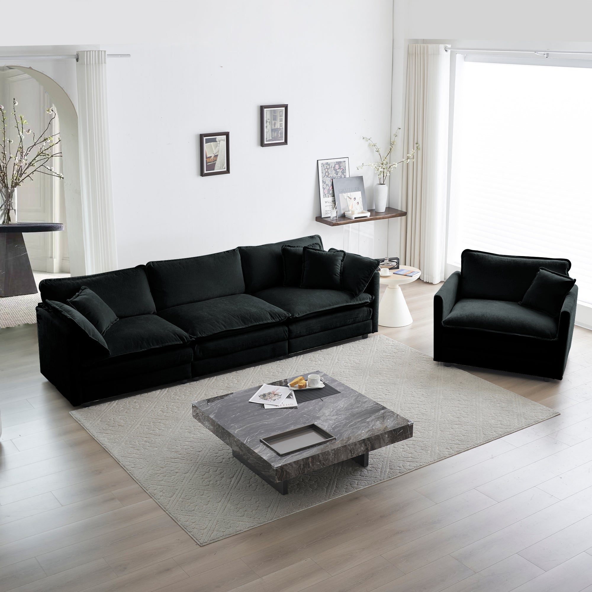 2 Piece Upholstered Sofa, Living Room Sectional Sofa Set Modern Sofa Couches Setdeep Seat Sofa For Living Room Apartment, 1 3 Seat Black Chenille Black Chenille 4 Seat
