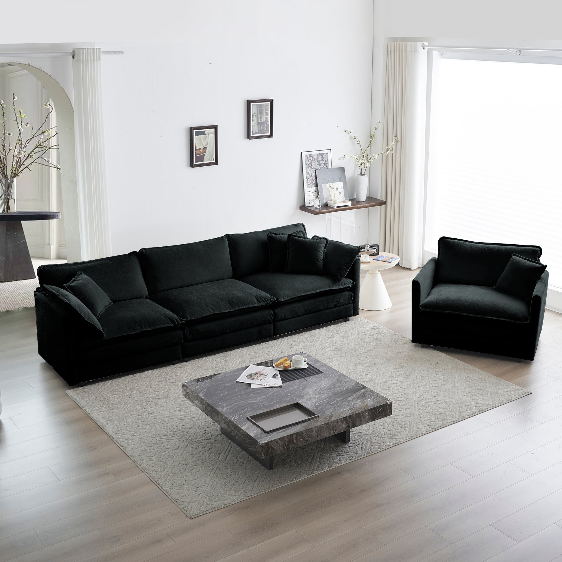Sofa Set Of 3, 1 1 3 Seats Living Room Sofa Set, Accent Chair, Loveseat, And Three Seat Sofa Modern Style Round Arms 3 Piece Sofa Set, Black Chenille Black Chenille 5 Seat