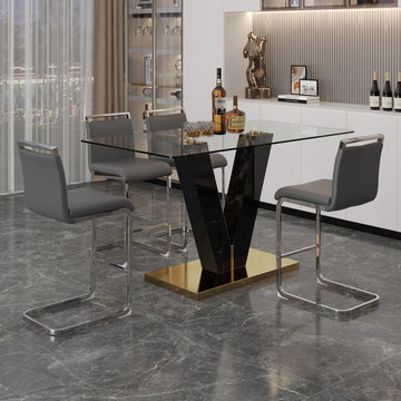 Table And Chair Set. A Rectangular Glass Dining Table With A 0.4 Inch Tempered Glass Tabletop And Mdf Board V Shaped Bracket, Paired With Chairs Consisting Of Pu Seat Cushions And Silver Metal Legs. Black Gray Seats 4 Tempered Glass