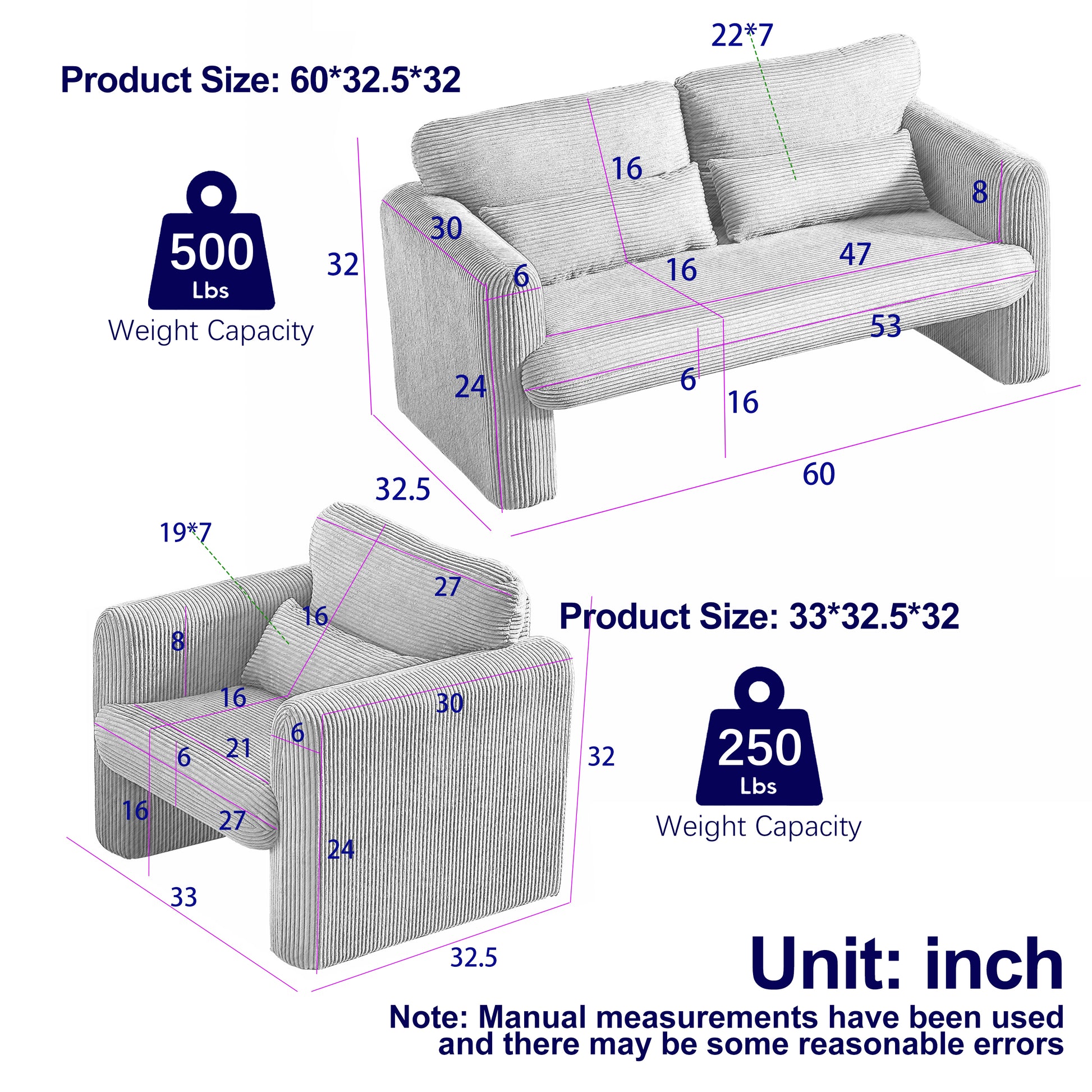 60"Corduroy Fabric Sofa With 33" Single Sofa, Modern Sofa With Support Pillow, For Apartment, Office, Living Room & Bedroom Beige Corduroy 2 Seat