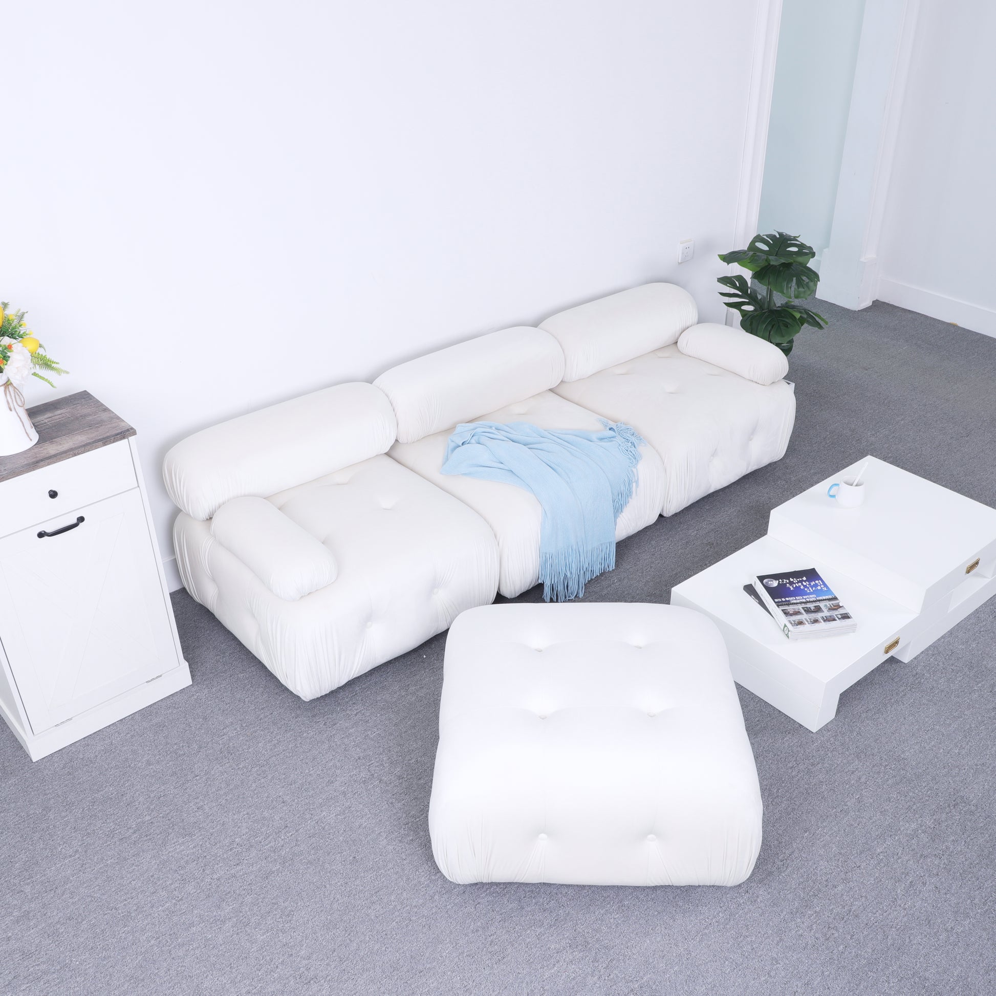 Modular Sectional Sofa Couch, Modern L Shaped Cloud Couch With Reversible Ottoman Convertible Button Tufted Velvet Fabric Couches For Living Room, Diy Combination,Cream Green Velvet 4 Seat