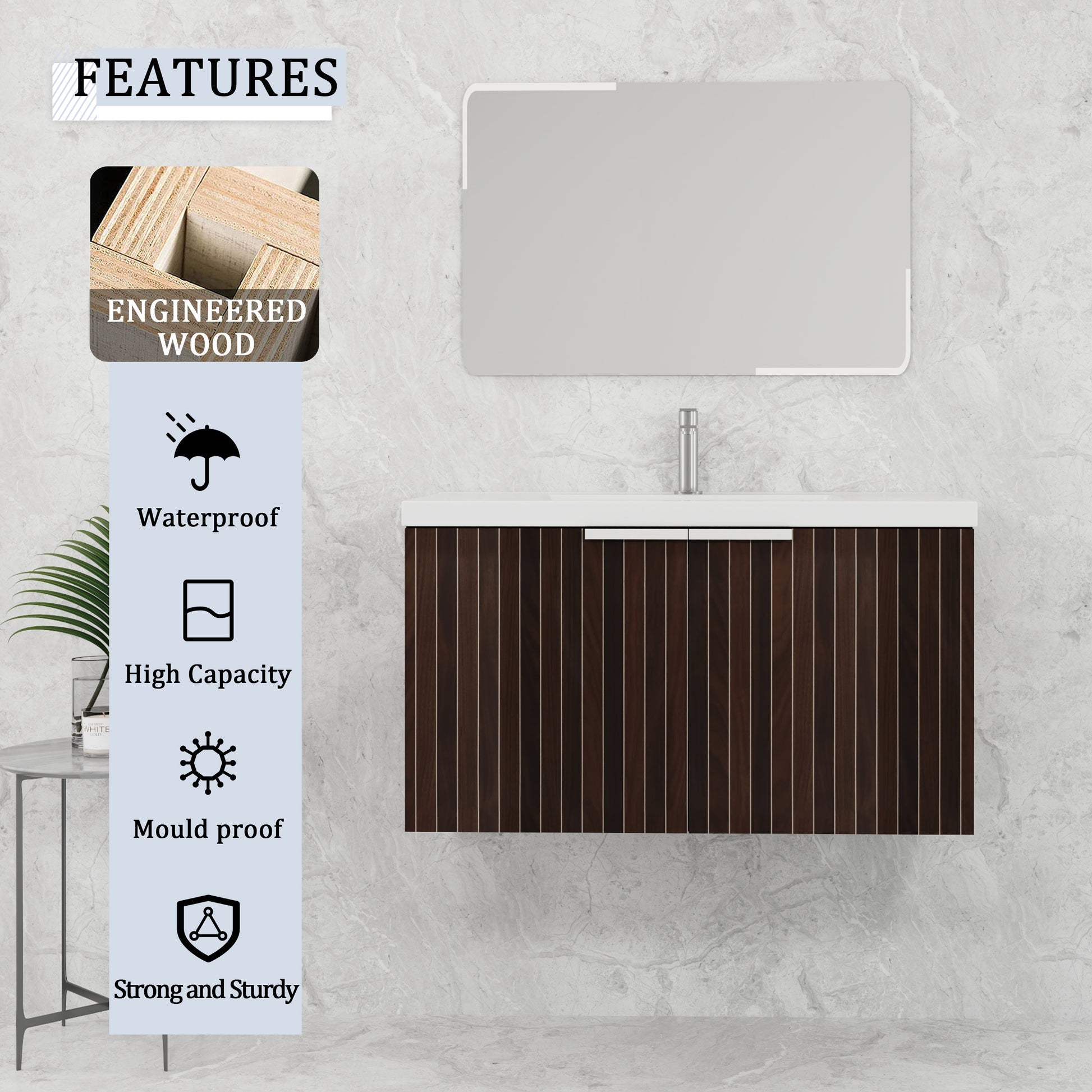 36 Inch Bathroom Cabinet With Resin Sink,Soft Close Doors,Float Mounting Design Silver Brown Stripe Bathroom Modern Plywood Plywood
