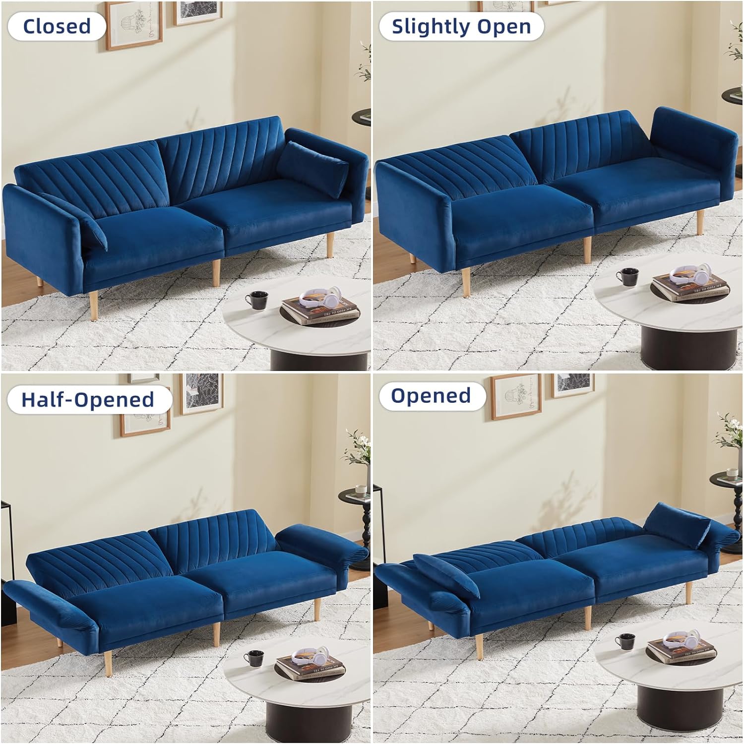 78'' Velvet Futon Sofa Bed, Convertible Sleeper Bed With Adjustable Armrests And Backrest, Loveseat Sleeper Sofa With 2 Pillows, Modern Futon Couches For Living Room, Blue Brown Wood Bedroom Heavy Duty Oak 2 Seat Blue Velvet Soft Cushion Back Mid Century