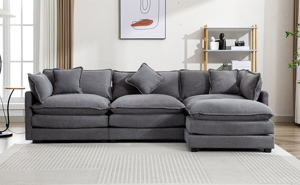 112.2" L Shape Chenille Upholstered Sofa For Living Room Modern Luxury Sofa Couch With Ottoman, 5 Pillows, Gray Gray Foam 4 Seat