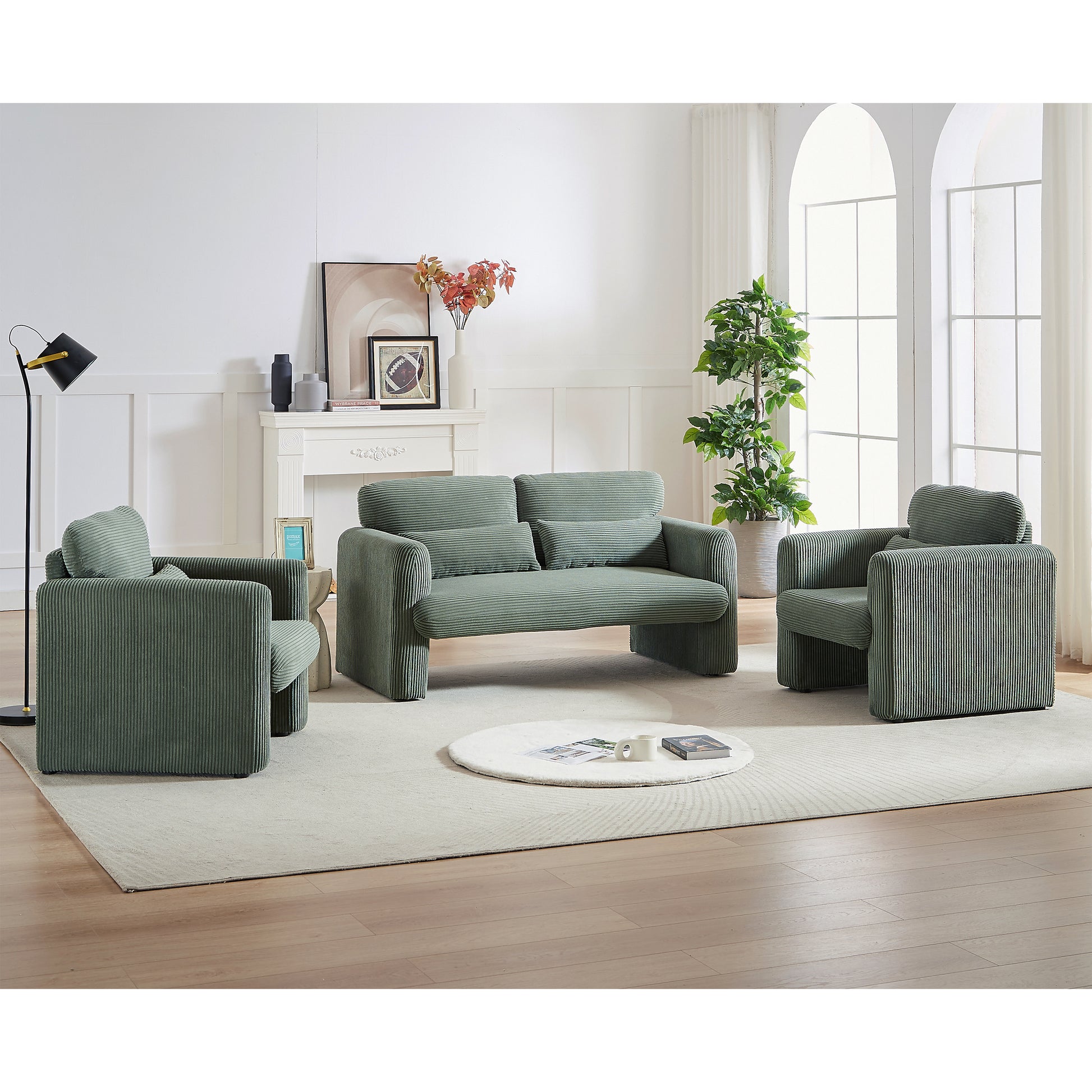 60"Corduroy Fabric Sofa With Two 33" Single Sofa, Modern Sofa With Support Pillow, For Apartment, Office, Living Room & Bedroom Green Corduroy 4 Seat